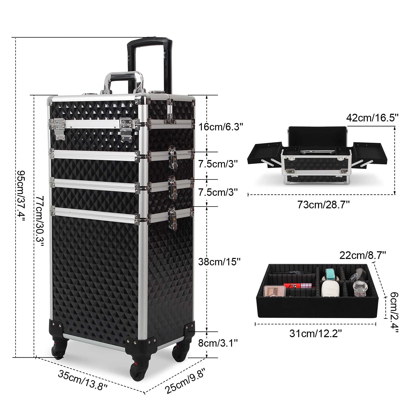 4 in 1 Professional Makeup Train Case with Large Storage - Lockable 4-Wheel Rolling Cosmetic Trolley with Diamond Surface (Black) | Perfect for Salon Professionals, Makeup Artists & Travel Organization