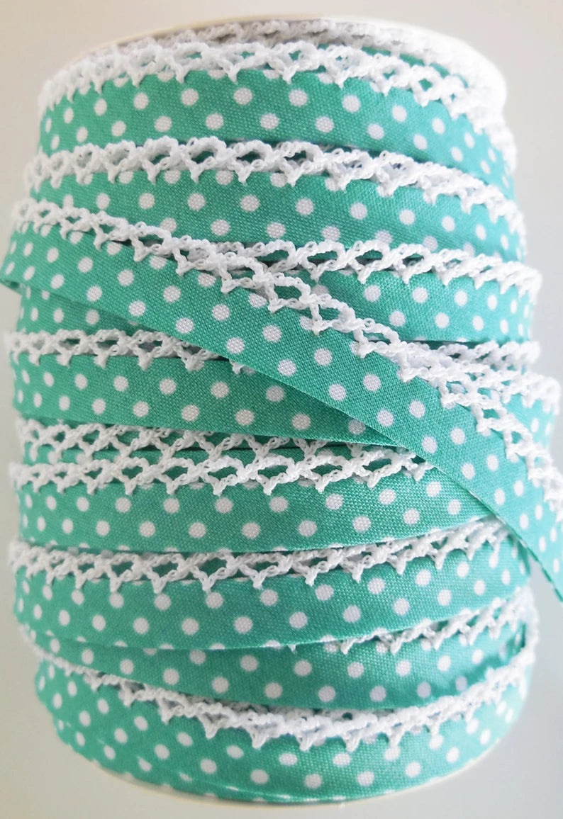 Seafoam Green Polka Dot Double Fold Crochet Edge Lace Bias Tape by the Yard - Perfect for Quilting, Sewing & DIY Craft Projects