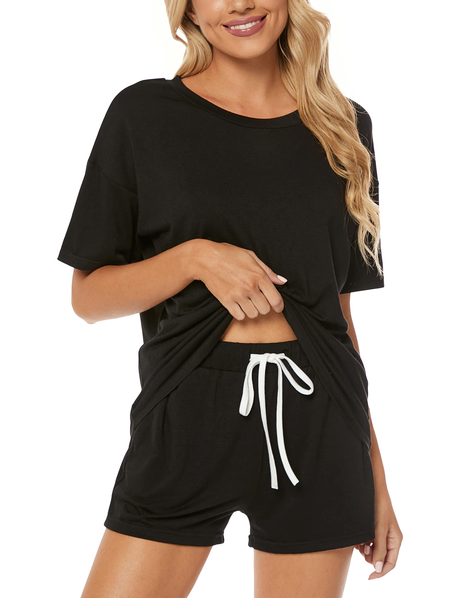 LOCUBE Women's Pajama Sets - Soft & Comfortable Short Sleeve Sleepwear with Pockets | Lounge Outfit for Home, Travel & Relaxation