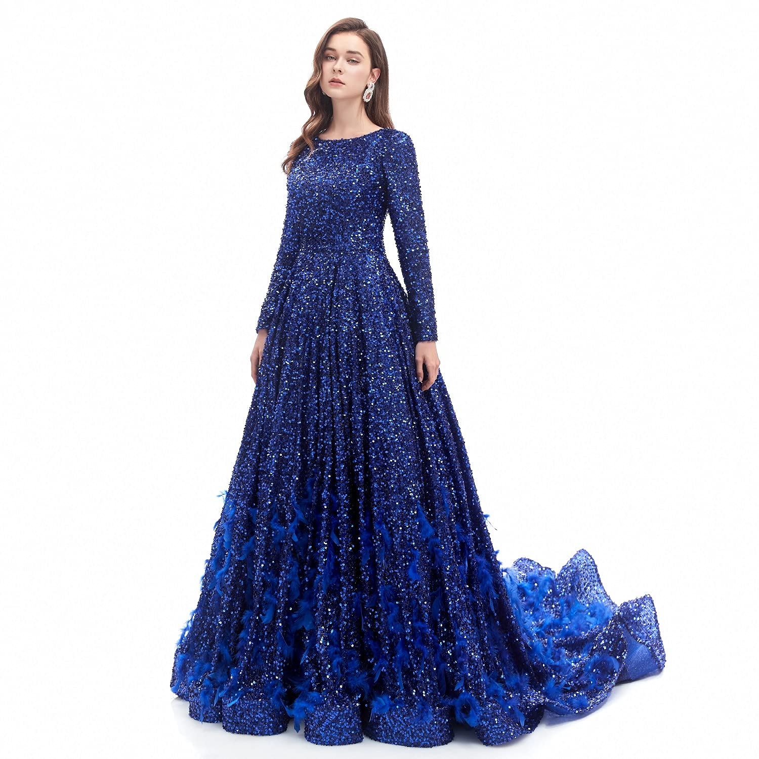 Elegant Women's Sequin Evening Gown with Chapel Train - Luxury Prom Dress for Formal Events, Weddings & Special Occasions