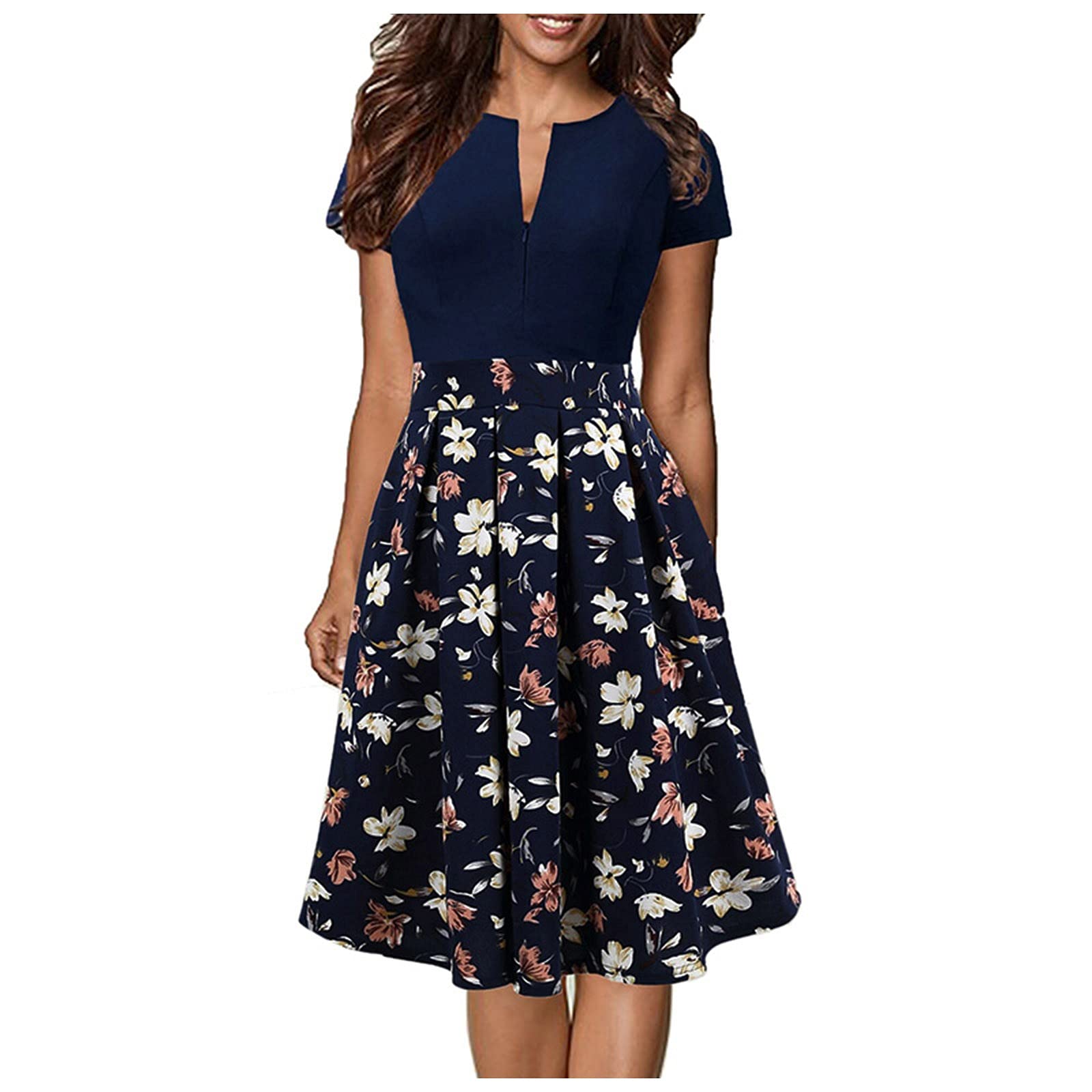 Zzbeans Women's Floral Print Short Sleeve Swing Mini Dress - Summer Casual Beach Party Dress for Vacation, Date Night & Outdoor Activities