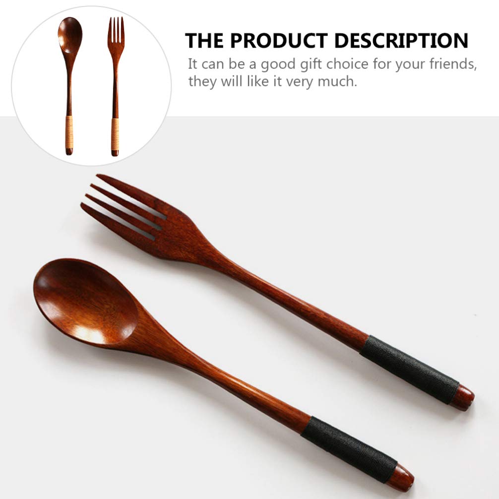 Japanese Wooden Handle Fork and Spoon Set - Eco-Friendly Bamboo Flatware for Everyday Dining, Picnics, Camping & Travel - Portable Wooden Cutlery for Home, Office & Outdoor Use