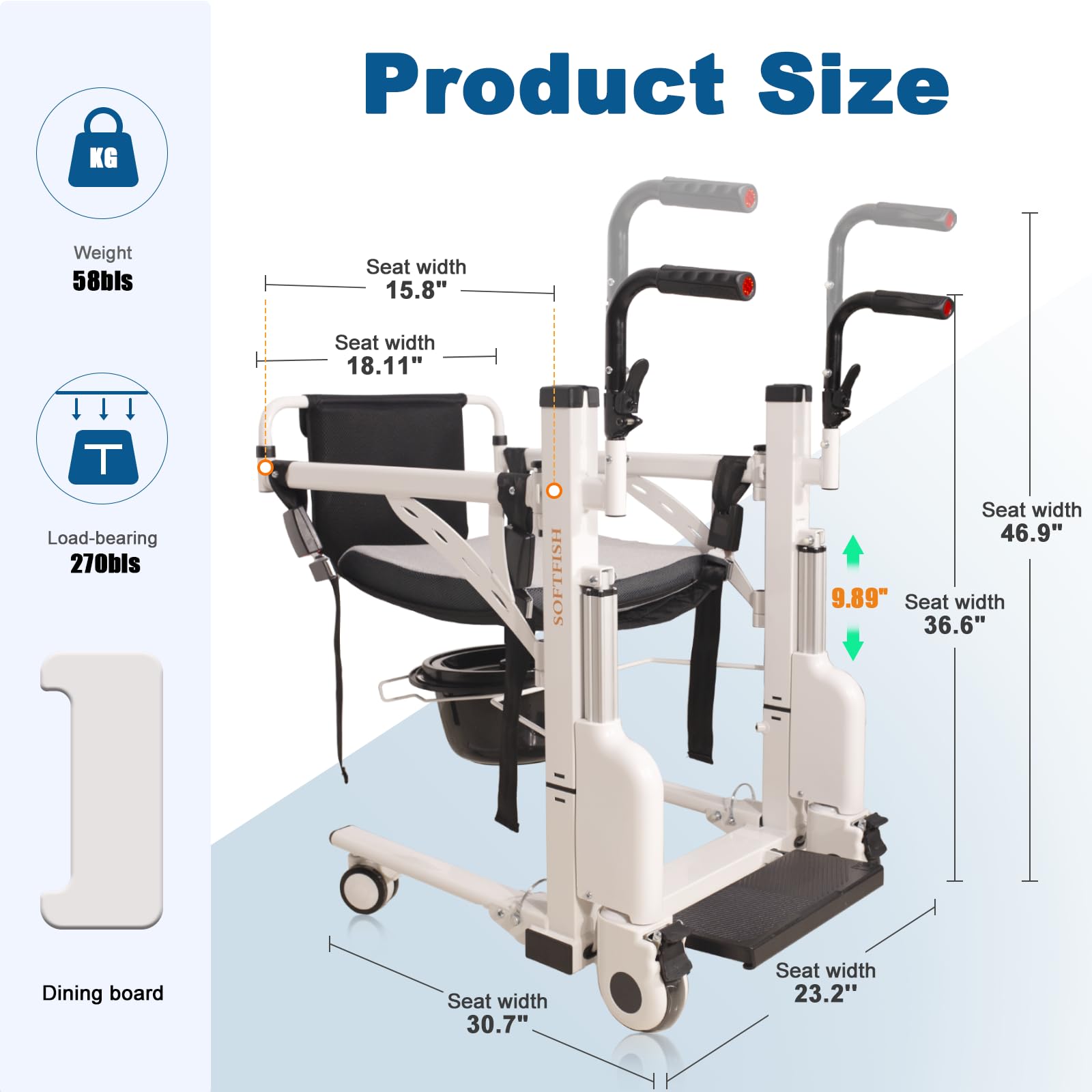 Electric Patient Lift Transfer Chair with Dining Board - Height Adjustable Bathroom Wheelchair for Home Use - Foldable Design Supports 220lbs - Ideal for Elderly Care & Mobility Assistance