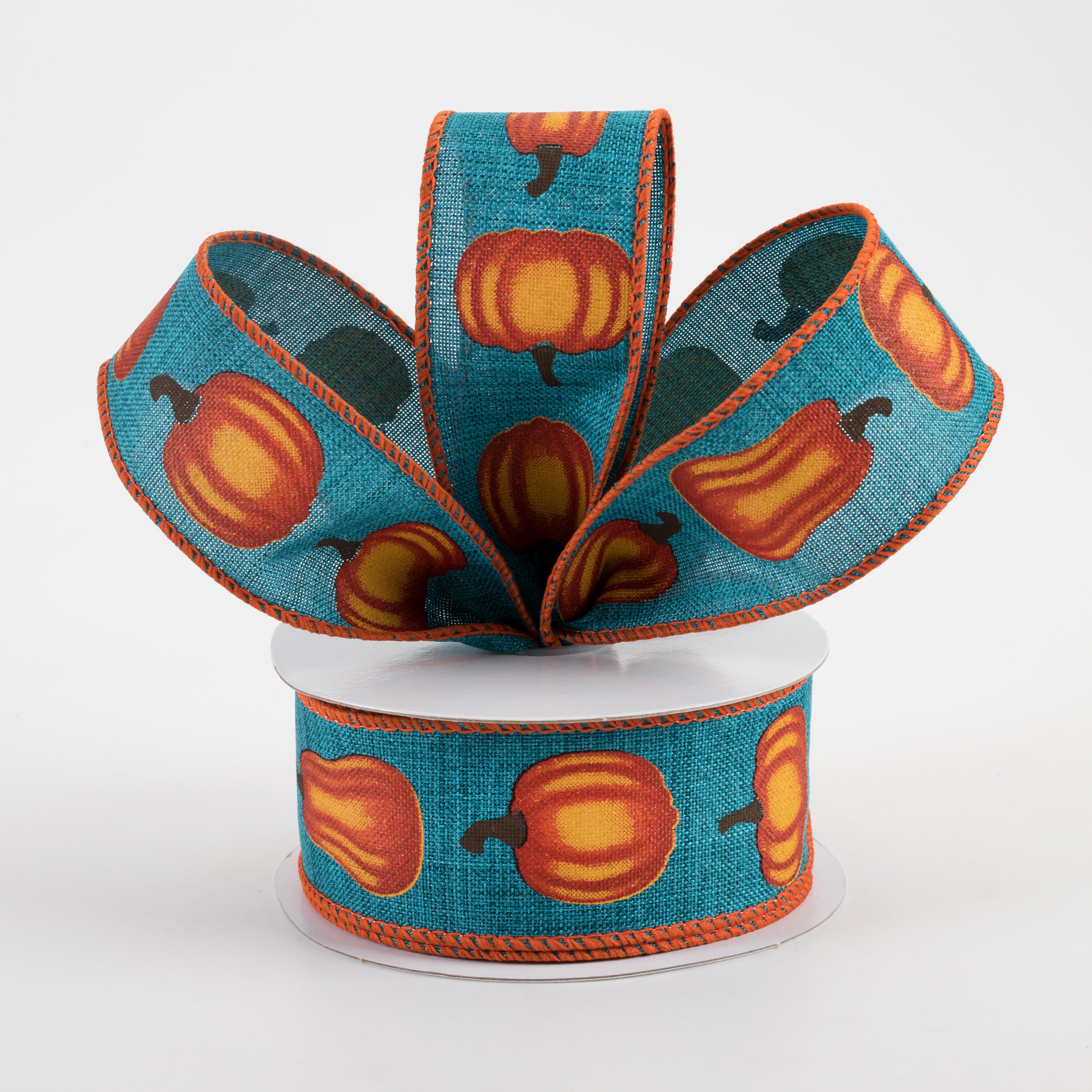 1.5 Inch Linen Pumpkins Ribbon - Teal & Orange Fall Decor Ribbon (10 Yards) - Perfect for Autumn Wreaths, Gift Wrapping & DIY Crafts
