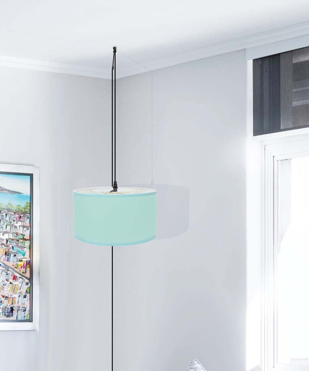 16W Island Paradise Linen Drum Shade Plug-In Pendant Light with 17' Black Cord - Perfect for Kitchen Islands, Dining Rooms & Farmhouse Decor
