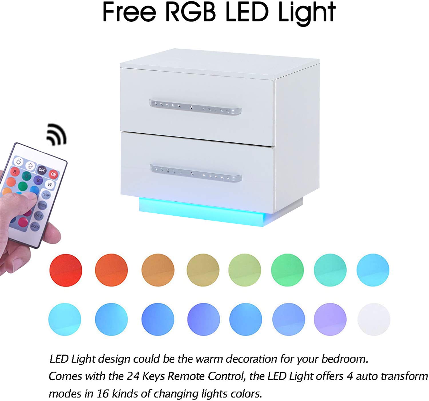 White Glossy Nightstand with 2 Drawers & LED Lights - Bedroom Side Table for Small Spaces