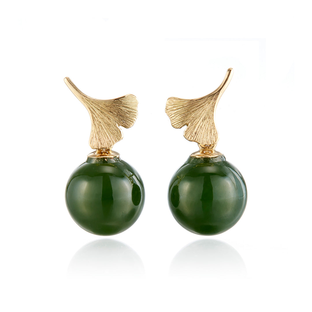Ginkgo Green Nephrite Jade Drop Earrings for Women – Handmade Dangle Jewelry – Perfect for Weddings, Parties & Special Occasions