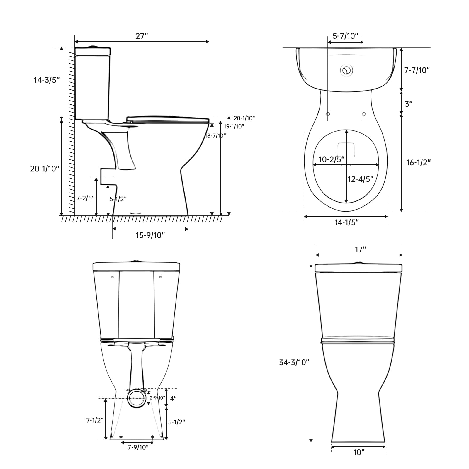 SUPERFLO 19 Inch ADA Compliant Tall Toilet for Seniors - Round Bowl, Dual Flush, Rear Outlet White P-Trap Toilet with Water Tank & Extension Pipe - Ideal for Elderly & Accessible Bathrooms