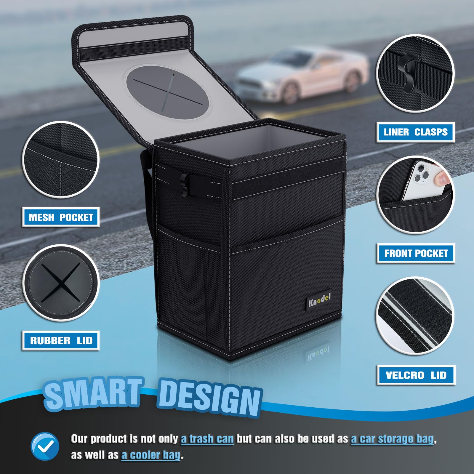 Waterproof Car Trash Can with Lid - Leak-Proof Hanging Car Garbage Bin for SUV, Truck & Vehicle - Large Black Auto Waste Container for Road Trips, Commuting & Travel