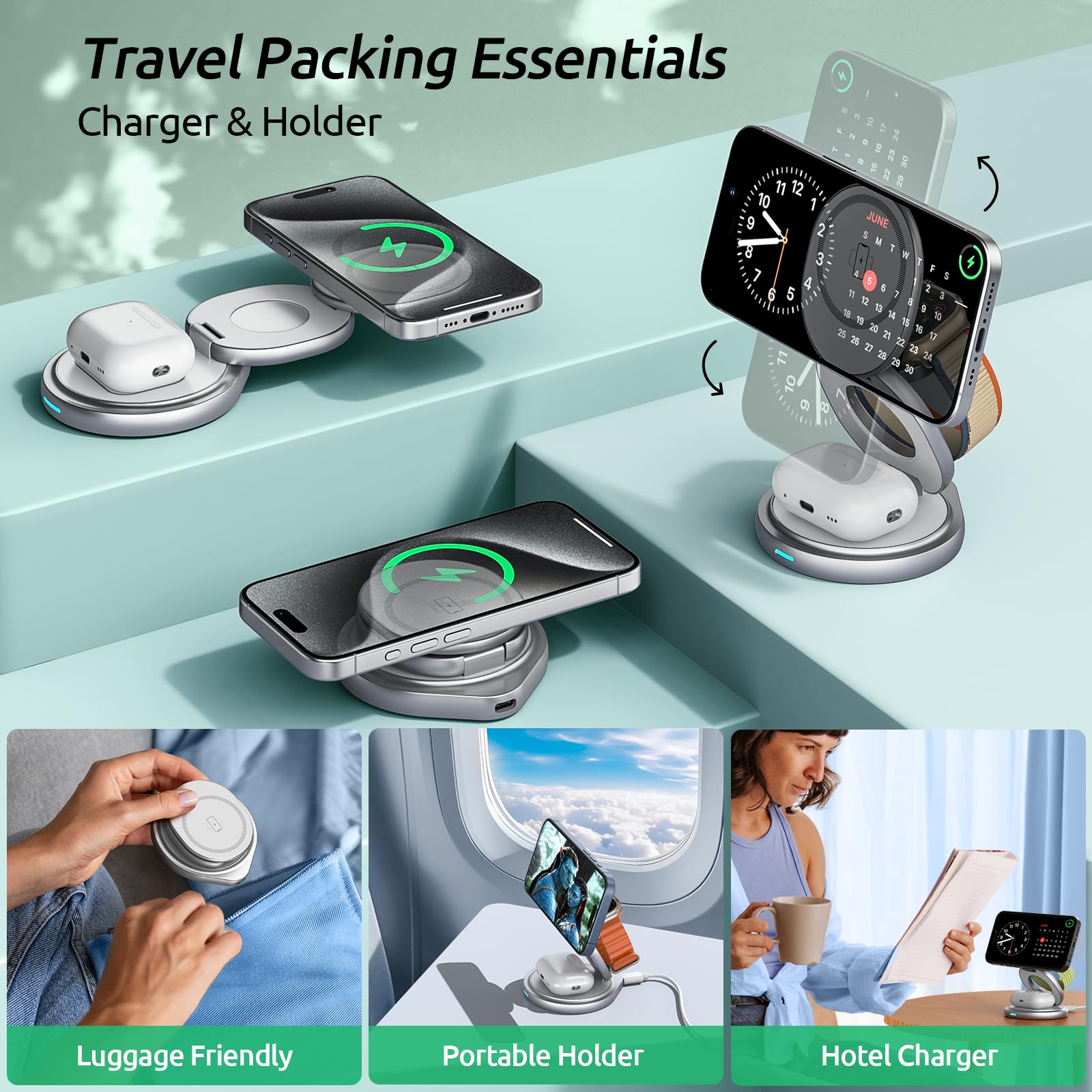3-in-1 Magnetic Wireless Charging Station for iPhone 15/14/13/12 Pro Max & Apple Watch & AirPods - Foldable Travel Charger Dock with Rotating Stand | Perfect for Home, Office & Car Use