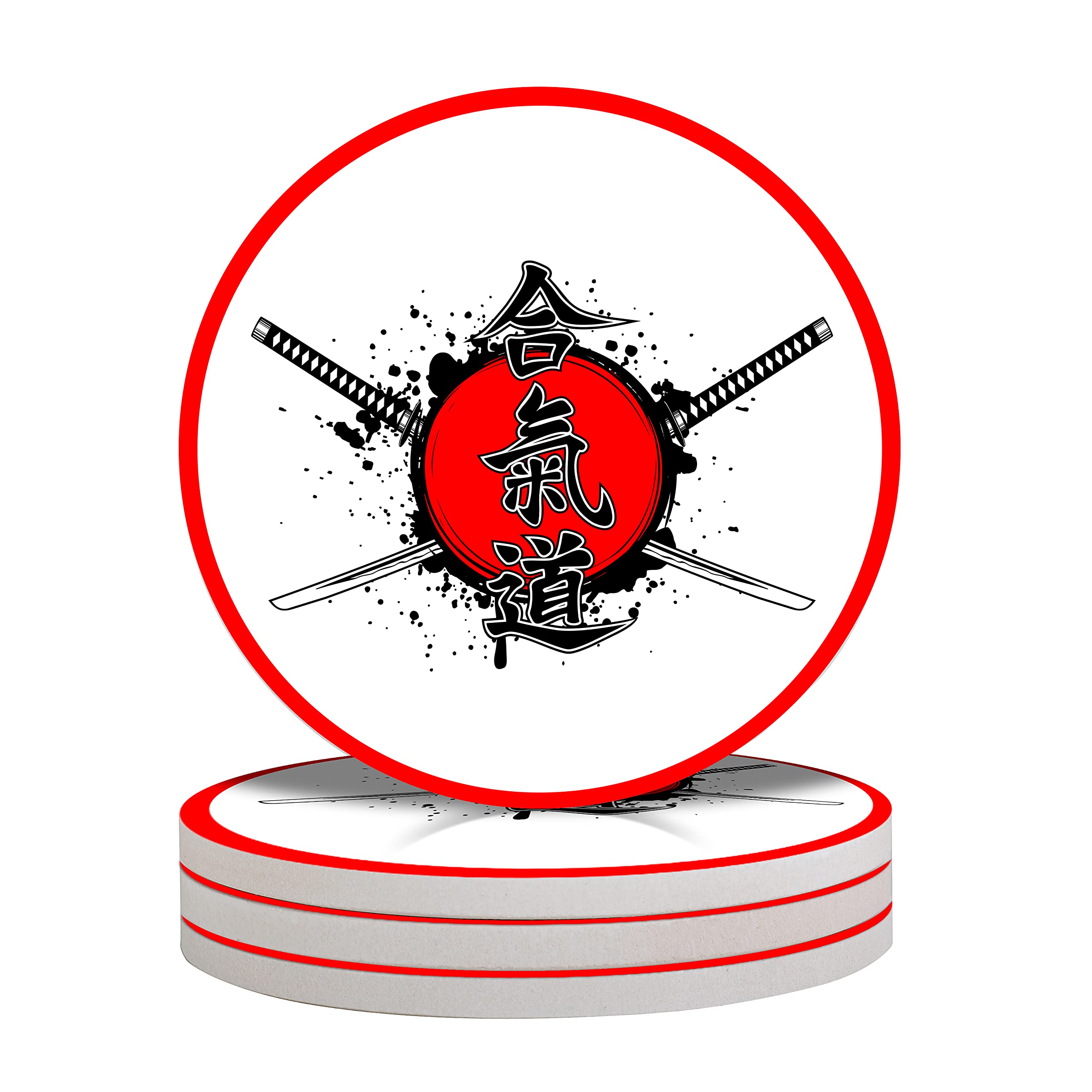 Premium Ceramic Stone Drink Coasters Set of 4 - Absorbent Round Coasters with Cork Base for Mugs, Cups & Table Protection - Perfect for Home, Office & Restaurants (Aikido Style)