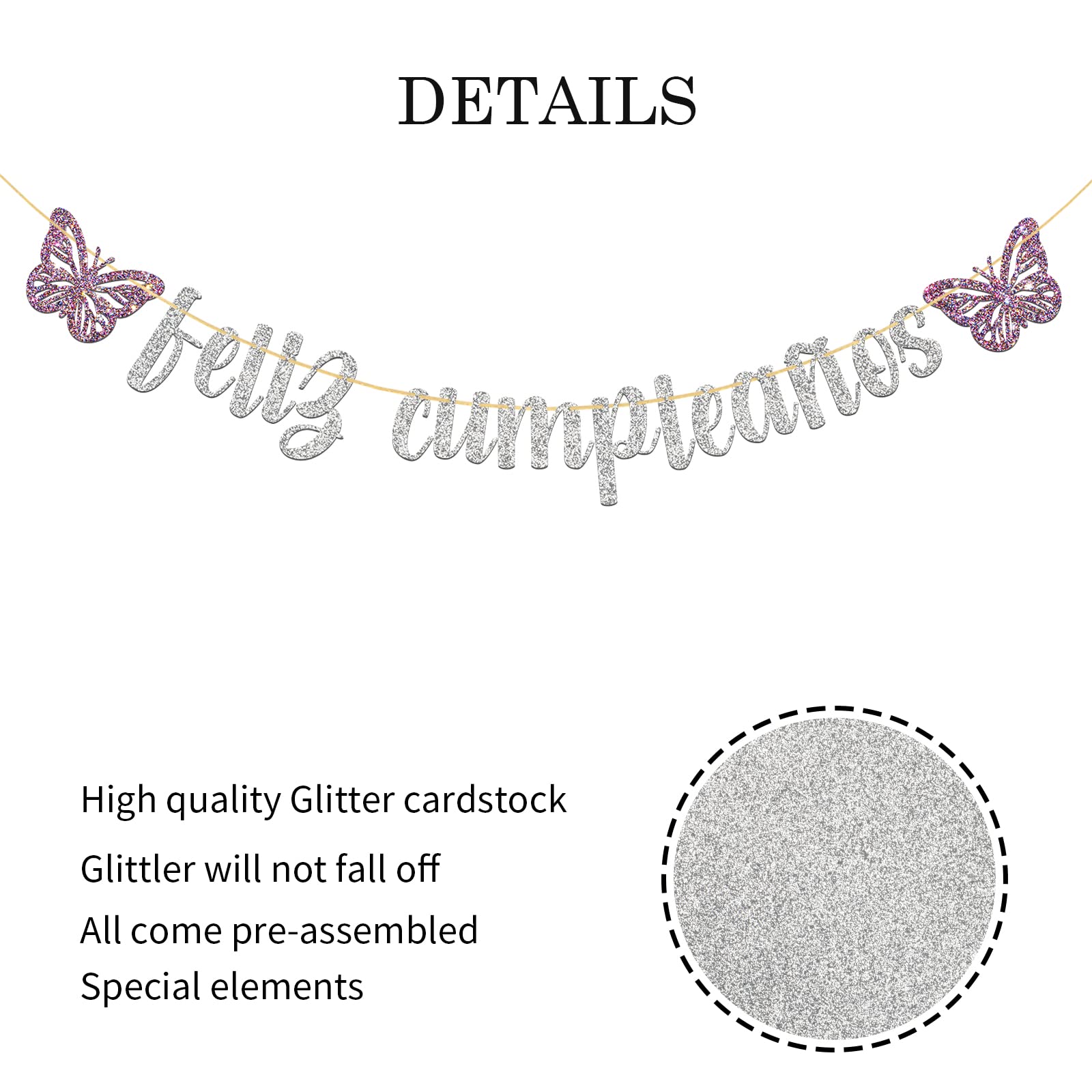 Happy Birthday Banner - Silver Glitter Butterfly Party Decorations for Spanish Themed Celebrations | Perfect for Birthday Parties, Baby Showers & Special Events