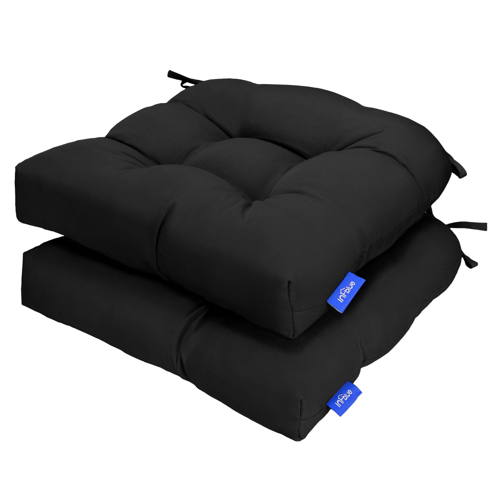 Premium Outdoor Tufted Wicker Cushions - Set of 2 (19x19 Inch) Weather-Resistant Patio Chair Cushions with Ties - Overstuffed Thick Padding for Wicker Furniture - Perfect for Backyard, Garden, Poolside & Patio Relaxation (Black)