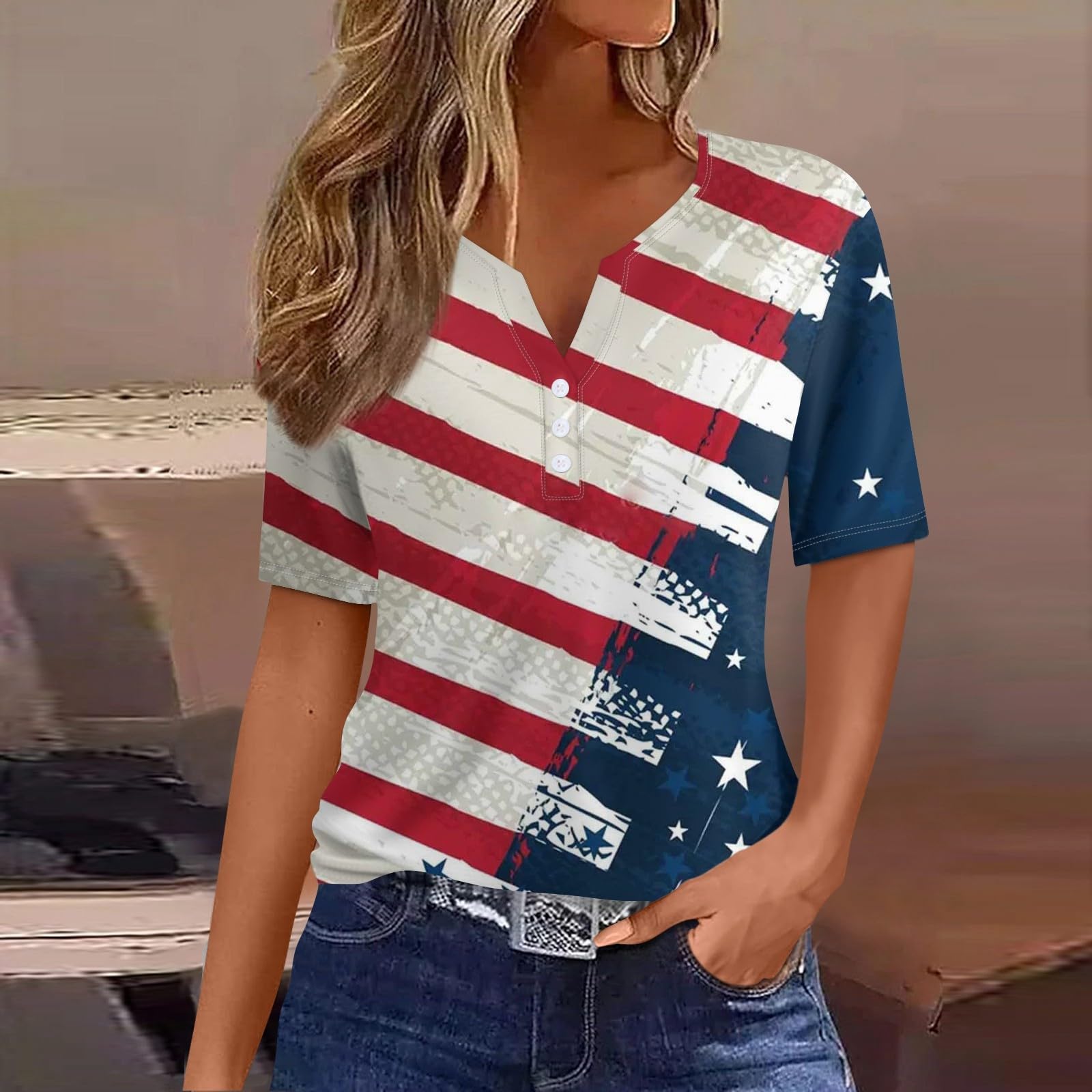 Women's Patriotic American Flag Shirt - Stars & Stripes Graphic Blouse for 4th of July, Summer Tops | Perfect for Independence Day Celebrations, BBQ Parties & Casual Outings