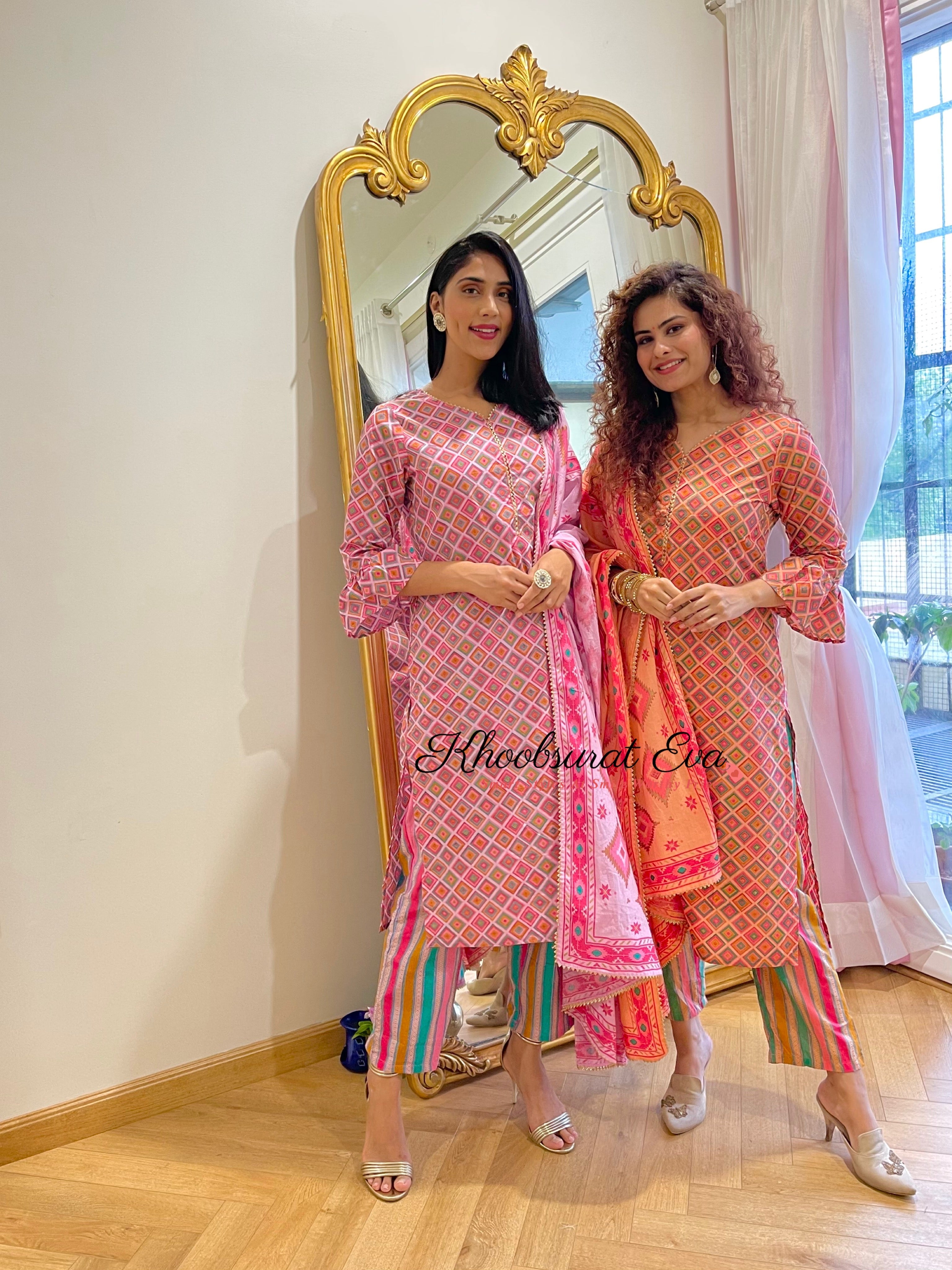 Pink Gota Cotton Printed Kurta Suit Set of 3 | Traditional Indian Ethnic Wear for Women | Perfect for Festivals, Weddings & Special Occasions