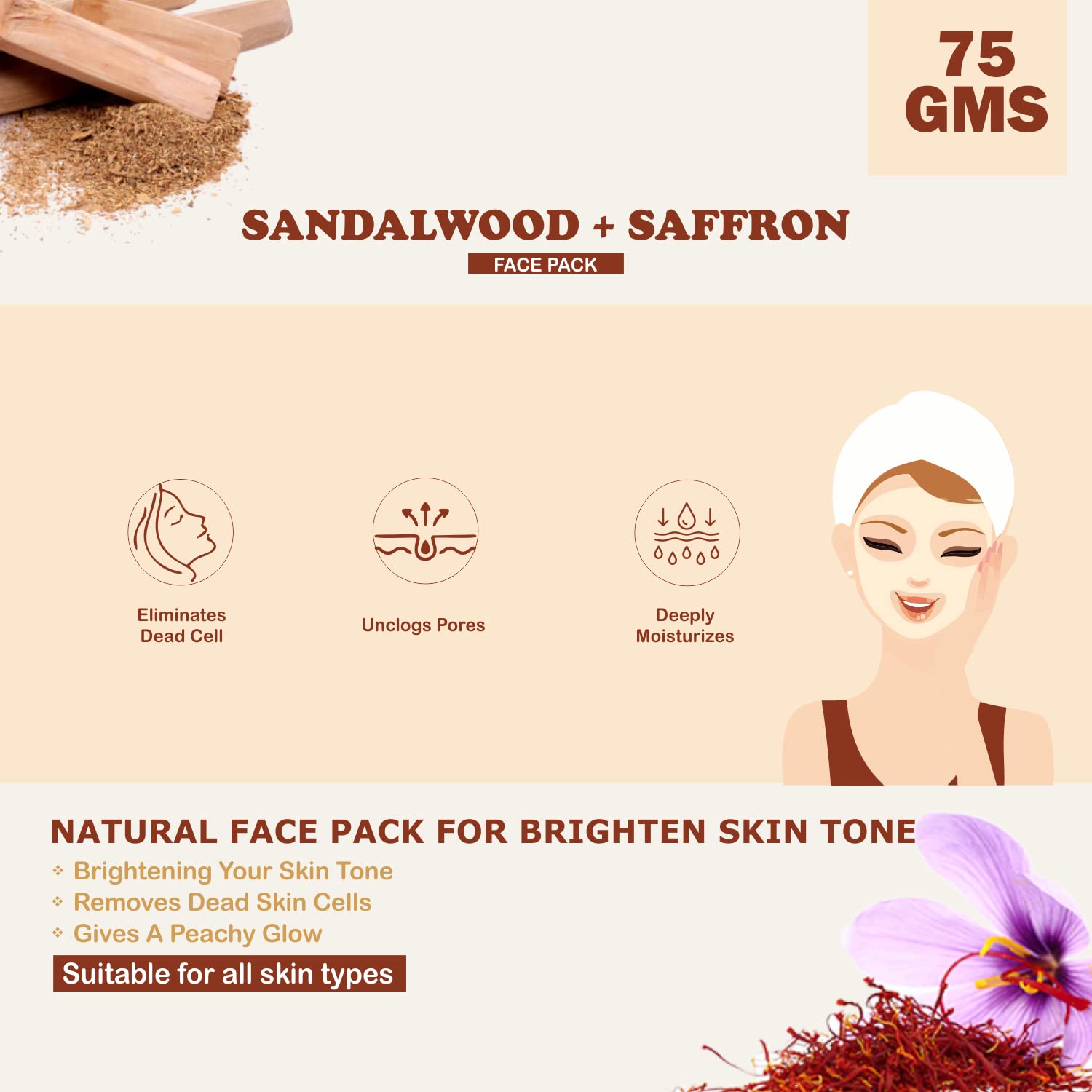 Kimayra Sandalwood & Saffron Face Pack Powder - Brightens Skin Tone, Removes Dead Cells & Deeply Moisturizes | Natural Skincare for All Skin Types (75g, Pack of 5) | Perfect for Daily Glow Routine & Spa Treatments