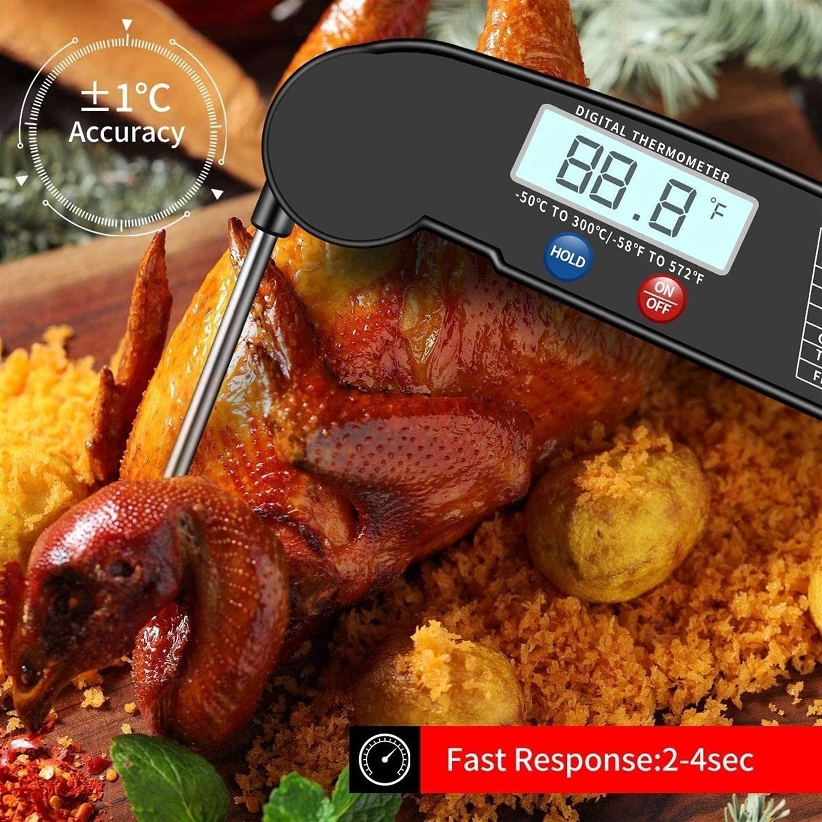 Instant Read Meat Thermometer - Best Waterproof Ultra Fast Digital Food Thermometer with Backlight & Calibration for Kitchen, Outdoor Cooking, BBQ, Grilling, and Baking | Perfect for Steak, Turkey, Candy Making & Home Chefs