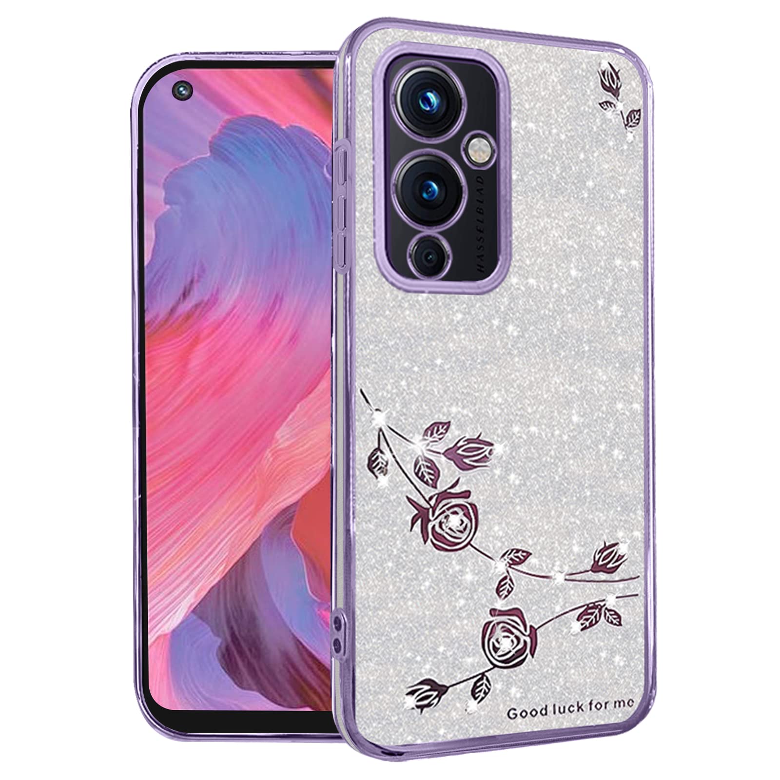 Sparkly Glitter Luxury Diamond Bling OnePlus 9 Case for Women - Pink Floral Clear Shockproof TPU Phone Cover (Purple-Silver) | Cute Protective Case for Girls, Soft & Durable | Perfect for Everyday Use, Work, School & Travel