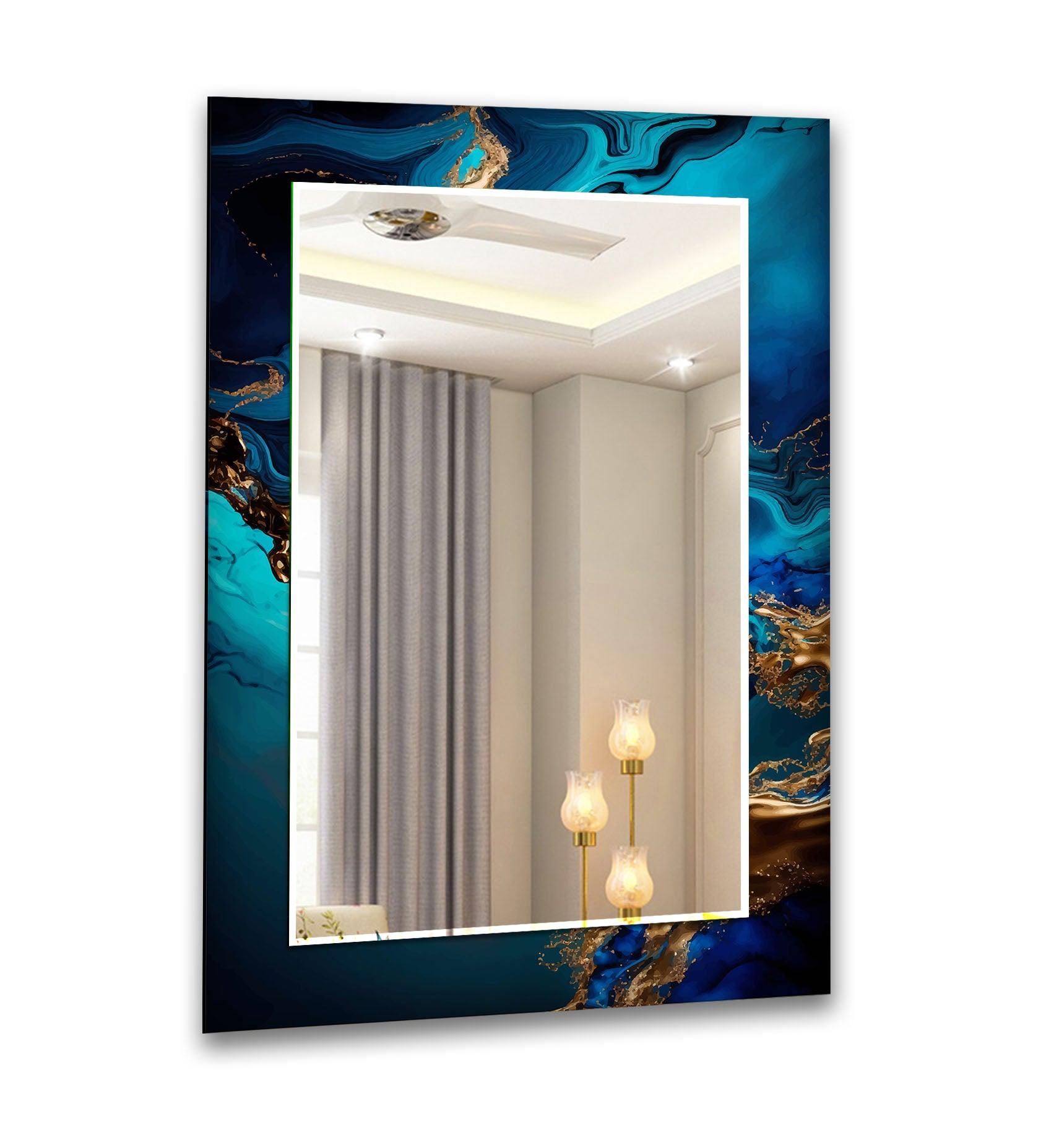 Blue and Gold Abstract Wall Mirror - Modern Decorative Mirror for Living Room, Bedroom & Entryway - Perfect for Home Decor & Interior Design