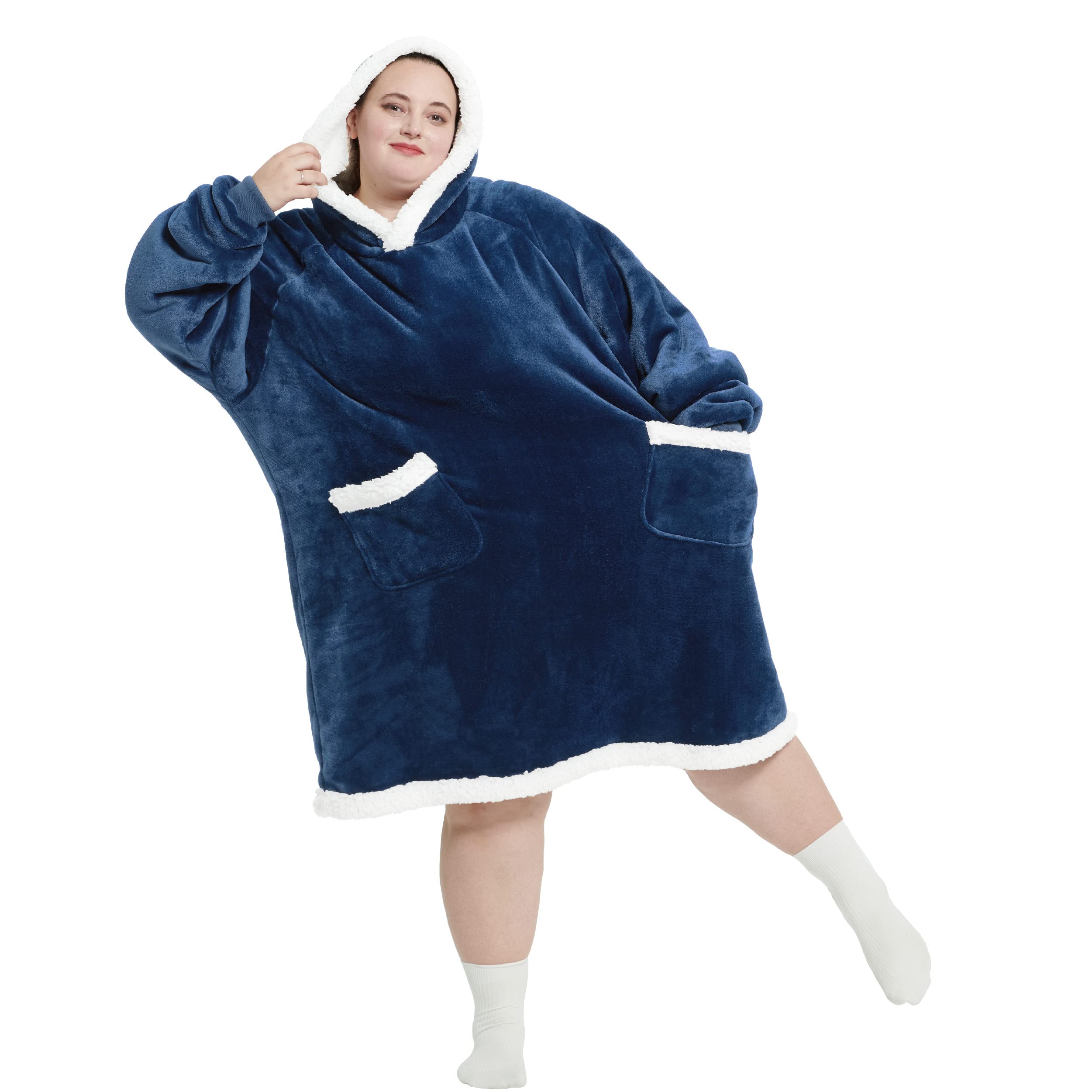 Bedsure Wearable Blanket Hoodie for Adults & Kids - Sherpa Oversized Cozy Gift for Women, Men, Mom - Perfect for Lounging, Movie Nights, and Cold Weather - Navy