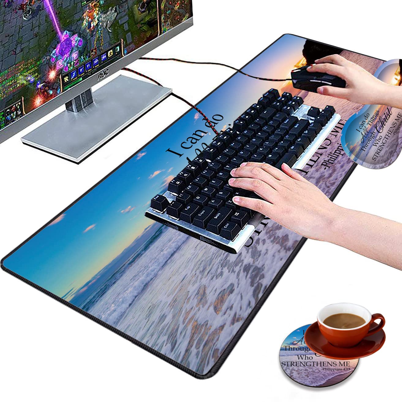 3-Piece Premium Mouse Pad Set with Stitched Edge - Extra Large Non-Slip Desk Mat, Keyboard Pad & Memory Foam Wrist Rest + Bonus Coaster - Office & Home Workspace Essentials (Bible Verse Philippians 4:13 Design) - Perfect for Gaming, Computer Work & Ergonomic Comfort