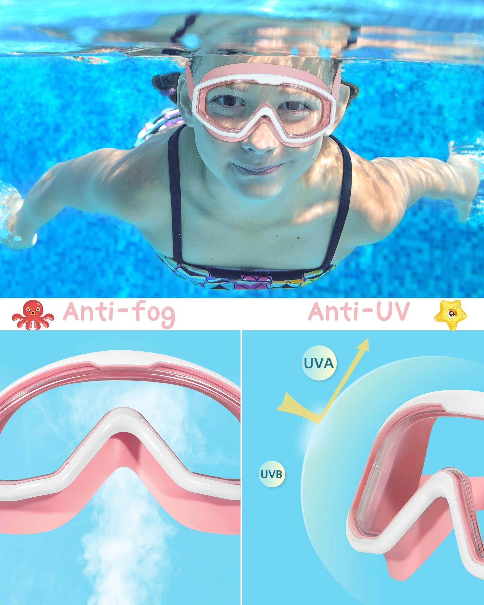 2 Pack Kids Swimming Goggles for Boys & Girls Ages 3-15, Wide Vision Anti-Fog UV Protection Waterproof - Perfect for Pool, Beach, and Swim Lessons