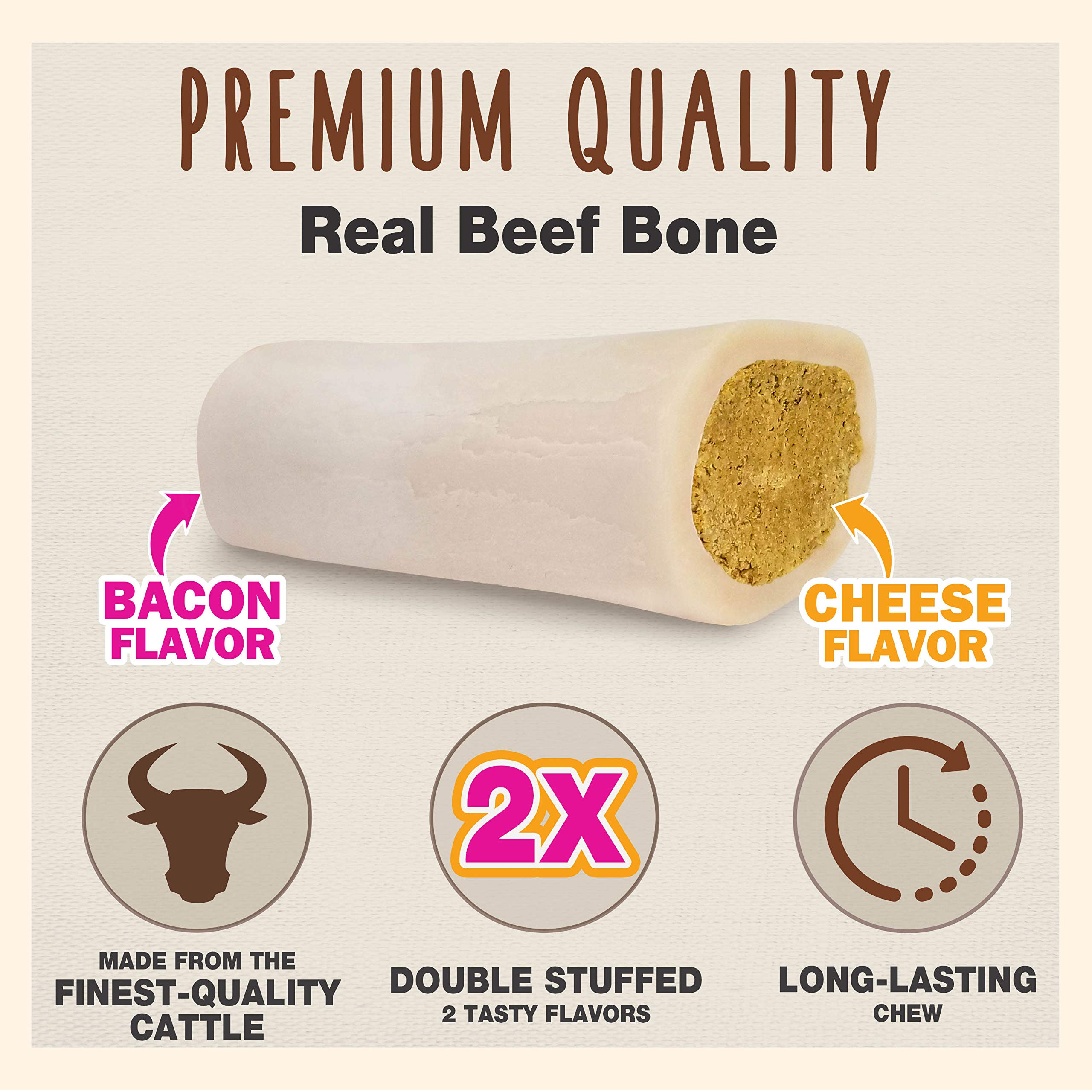 **Premium Double Stuffed Shin Bone for Dogs - Highly Digestible, Long-Lasting Dog Chew for Aggressive Chewers - High Protein Dental Treat with Bacon & Cheese Flavor - Small (1 Count) - Perfect for Training, Teething & Dental Care**