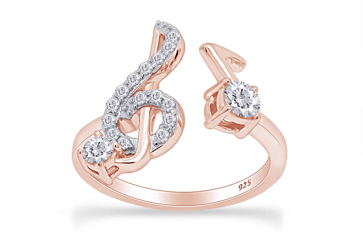 14K Gold Over Sterling Silver Round Cut White Cubic Zirconia Musical Note Adjustable Fashion Ring - Perfect for Gifts, Music Lovers & Everyday Wear