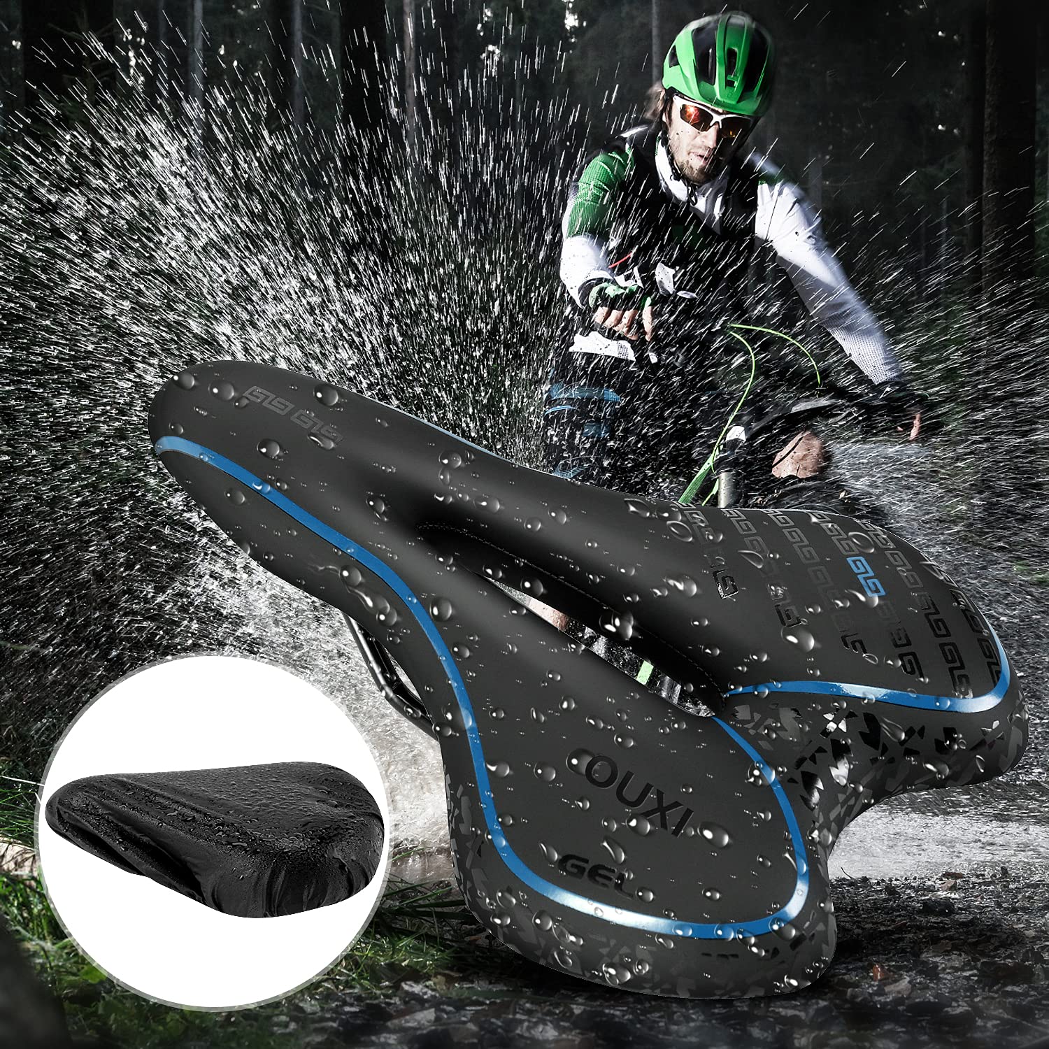 OUXI Comfort Bike Seat - Gel Cushioned Bicycle Saddle with Shock Absorption & Waterproof Cover - Universal Fit for MTB, Road & Exercise Bikes (Men & Women) - Perfect for Commuting, Cycling & Outdoor Adventures