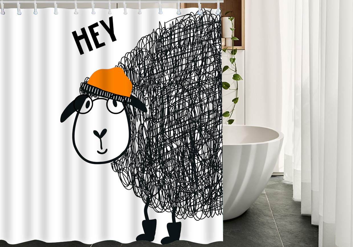 Cute Sheep Shower Curtain with Lamb Glasses & Hat Design - Doodle Splash Feather Pattern Bathroom Decor - Waterproof Polyester Fabric with Hooks (60x72 Inch) - Perfect for Kids' Bathroom, Farmhouse Style Decor & Whimsical Home Accents