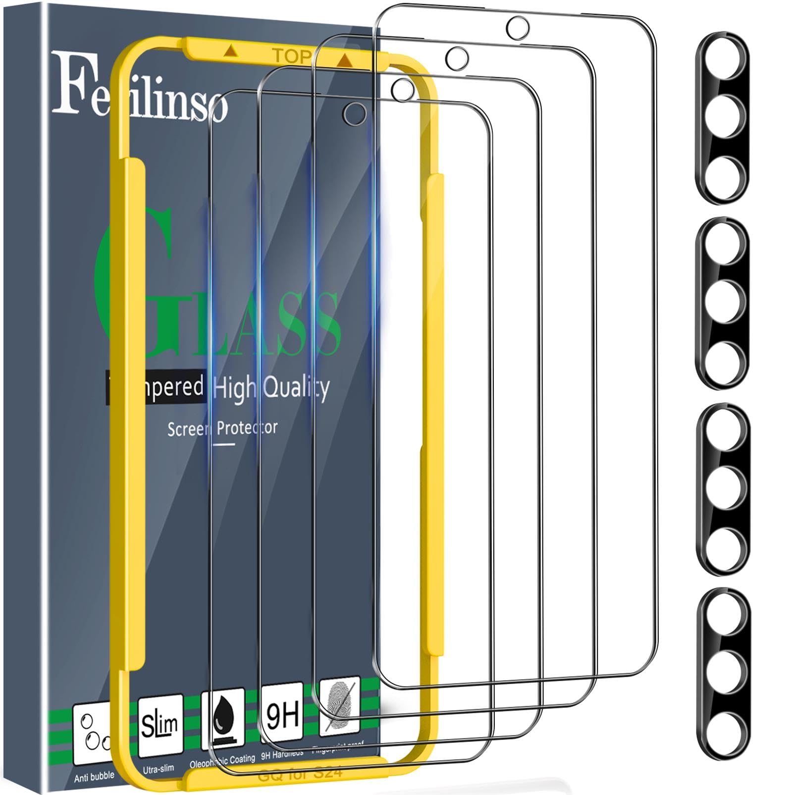 Ferilinso 4 Pack Screen Protector + 4 Pack Tempered Glass Camera Lens Protector for Samsung Galaxy S24 (6.2 Inch) - Case Friendly, Anti-Scratch, HD Clear - Perfect for Daily Use, Travel & Outdoor Protection