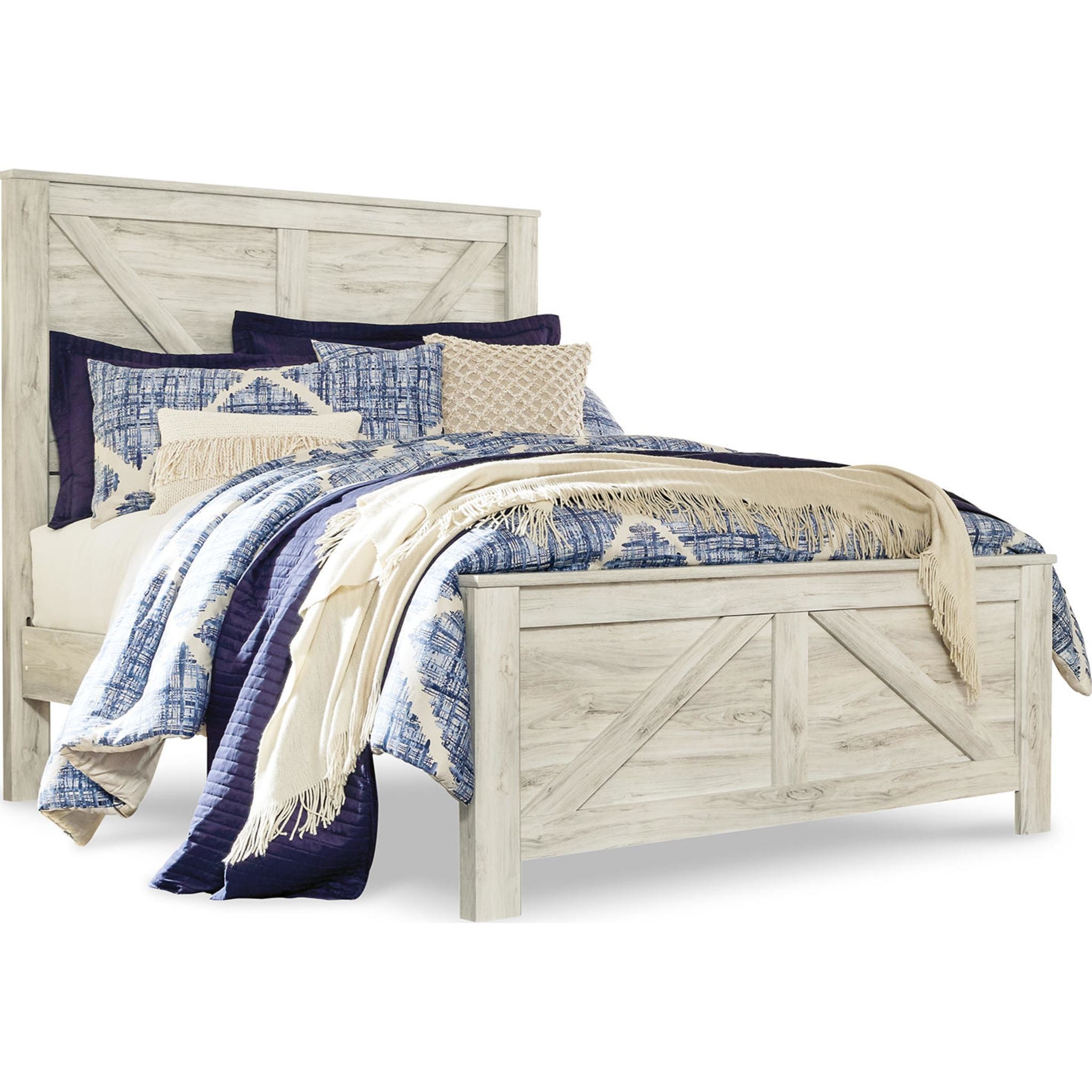 Bellaby Queen Panel Bed - White Wash Finish, Modern Wooden Bed Frame with Upholstered Headboard for Bedroom, Perfect for Master Suite, Guest Room & Home Decor