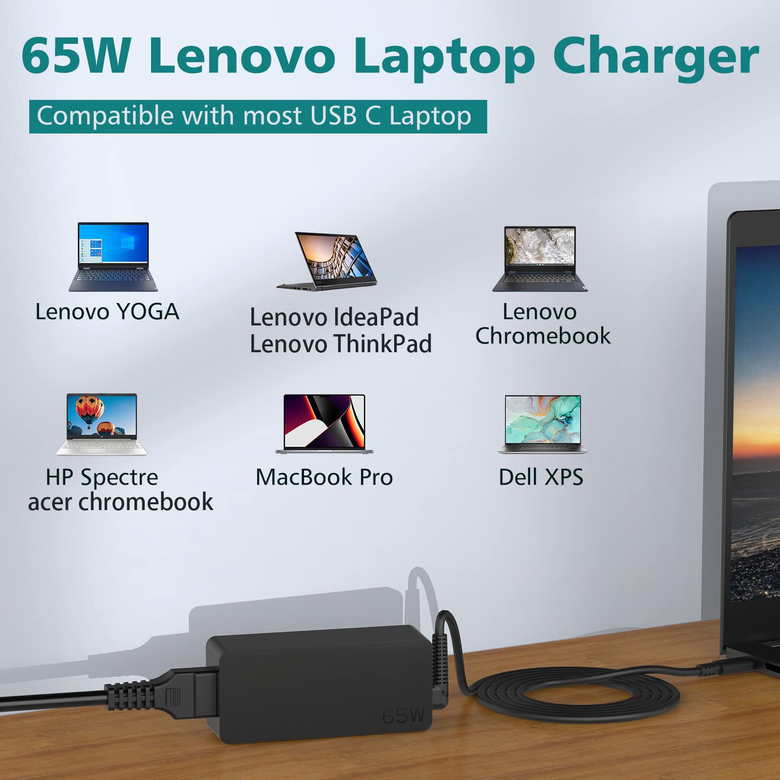 65W USB C Fast Charger for Lenovo Laptop - Compatible with ThinkPad, Yoga, Chromebook Series | 10ft Long Power Cord | Perfect for Home, Office & Travel Charging
