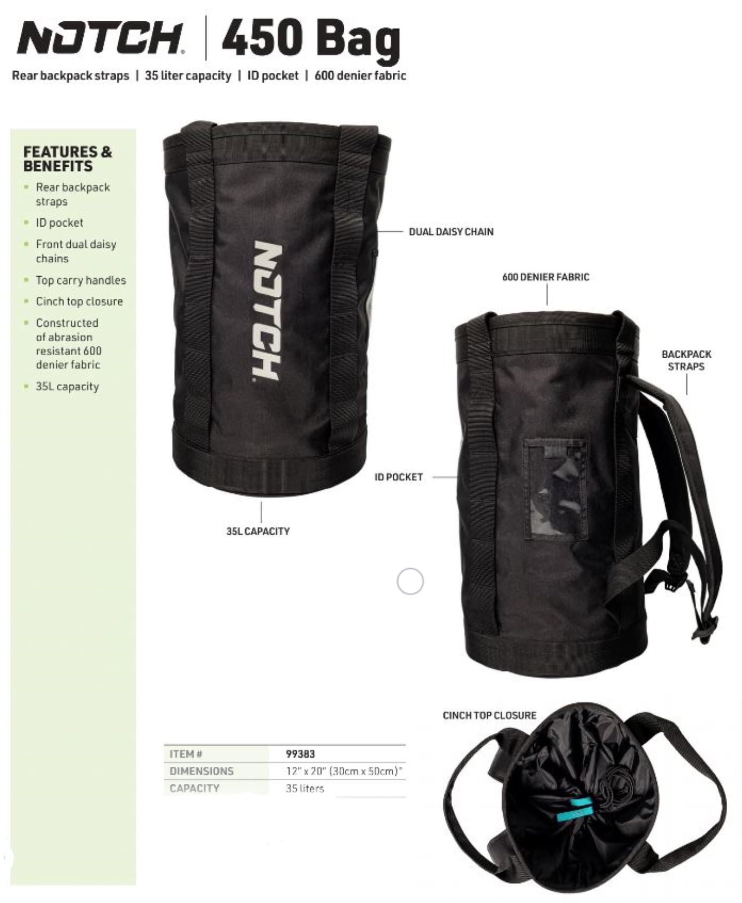 Notch 450 Rope Bag (99383) - Durable Rock Climbing Gear for Outdoor Adventures - Perfect for Hiking, Camping & Mountaineering