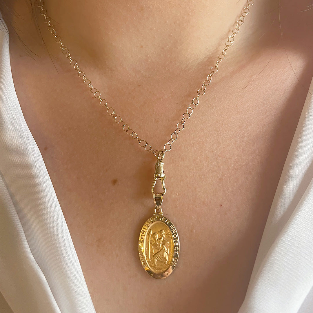14K Yellow Gold Oval St. Christopher Medal Pendant for Men & Women - Religious Jewelry Gift for Baptism, First Communion & Travel Protection