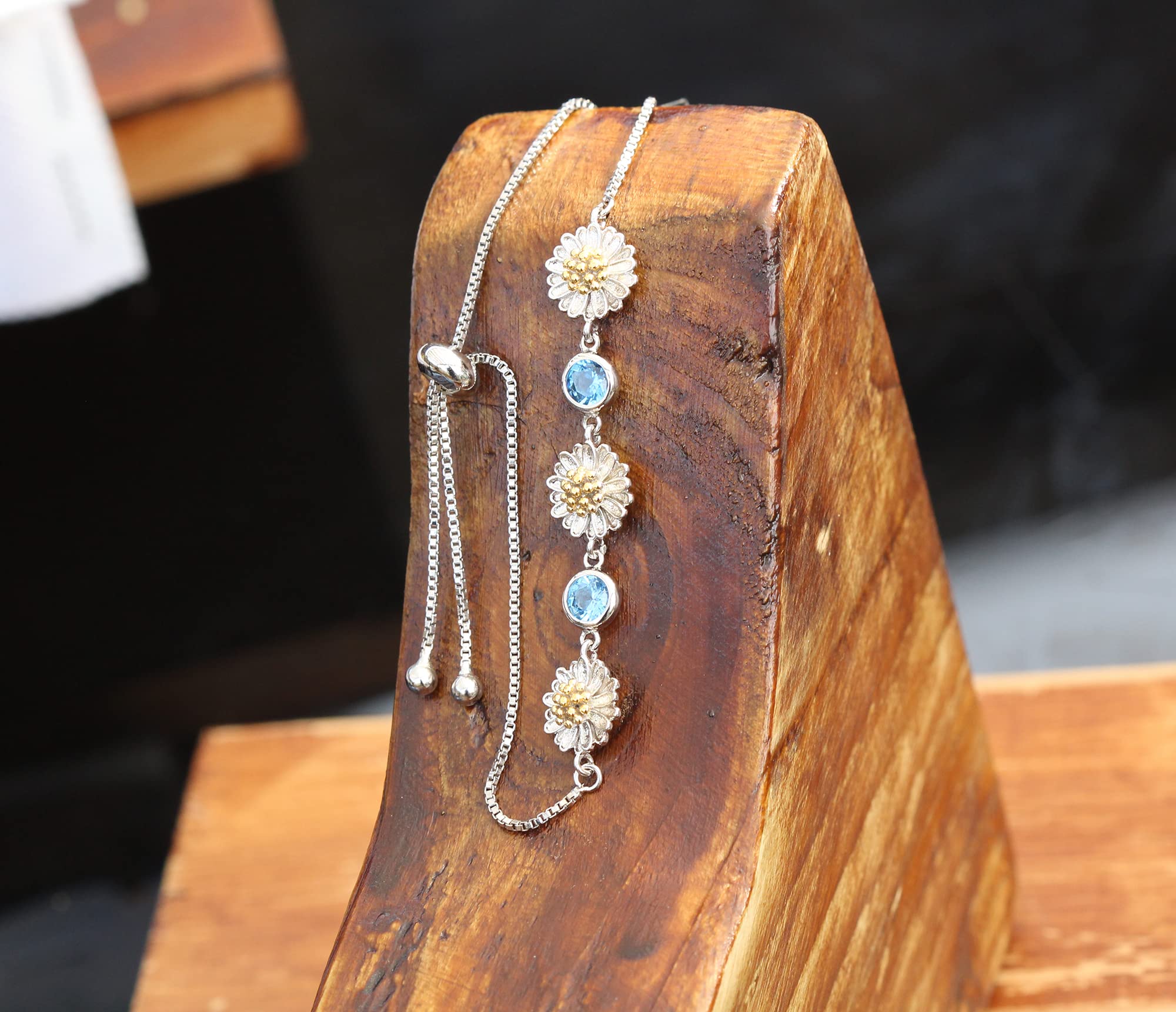 Kaguya Sterling Silver Daisy Bracelet for Women - Adjustable Infinity Bracelet with Blue Zirconia Blossom, Dainty Friendship Jewelry Gift for Her - Perfect for Birthday, Anniversary & Everyday Wear