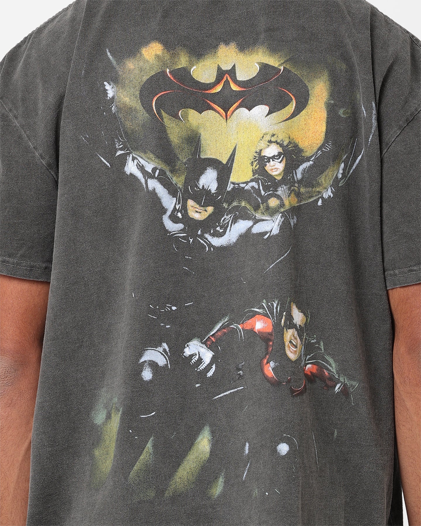 Vintage 1997 Batman & Robin Heavyweight T-Shirt - DC Comics Graphic Tee - Black Wash Distressed Style - Perfect for Cosplay, Comic Con & 90s Retro Fashion
