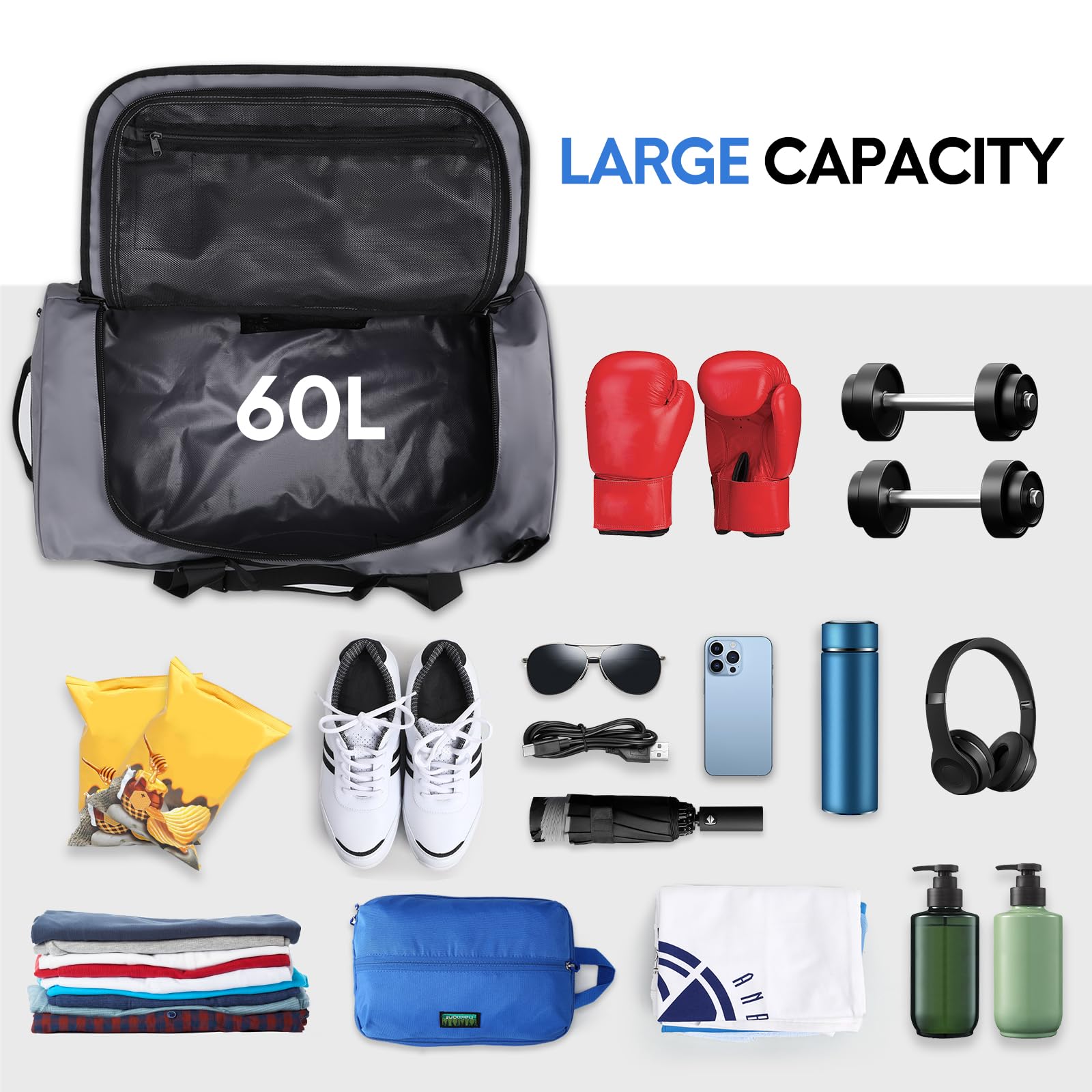 Haimont Large 60L Water Resistant Gym Duffel Backpack for Men - Sports Duffle Bag with Backpack Straps for Hiking, Travel, Workout & Weekender Trips - Durable Gray Fitness Bag for Gym, Sports & Outdoor Activities