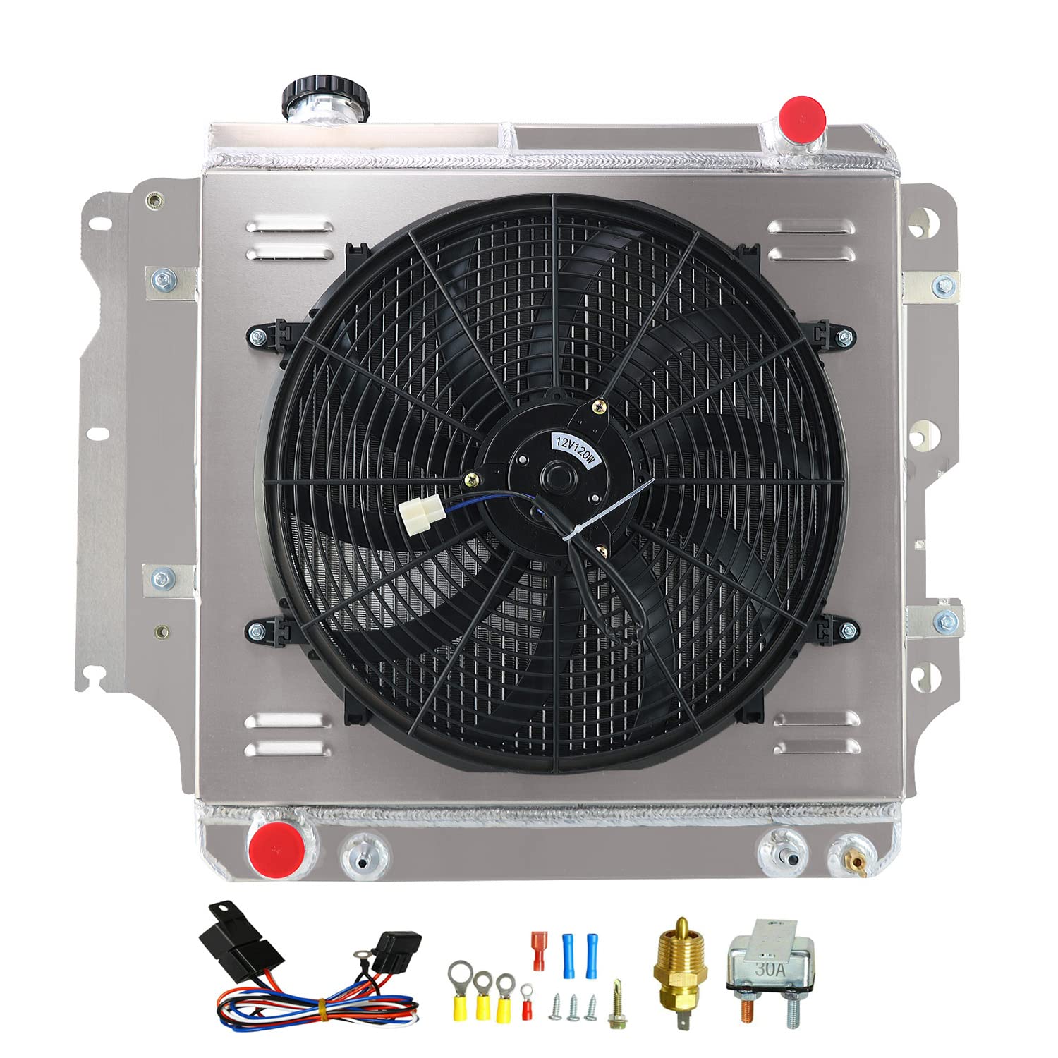High Performance 62mm 4-Row All Aluminum Radiator for 1987-2006 Jeep Wrangler YJ TJ (2.4L 2.5L 4.0L 4.2L) - Complete Kit with Shroud, Fan & Relay - Perfect for Off-Roading, Overheating Solutions & Engine Cooling Upgrades