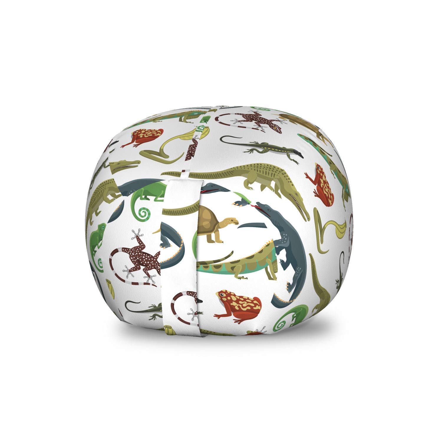 Lunarable Animal Print Storage Toy Bag Chair - Cartoon Reptiles & Amphibians Pattern (Snake, Frog, Lizard, Gator, Tortoise) | Washable Stuffed Animal Organizer | Small Size in White & Yellow | Perfect for Kids' Room Organization & Playroom Storage