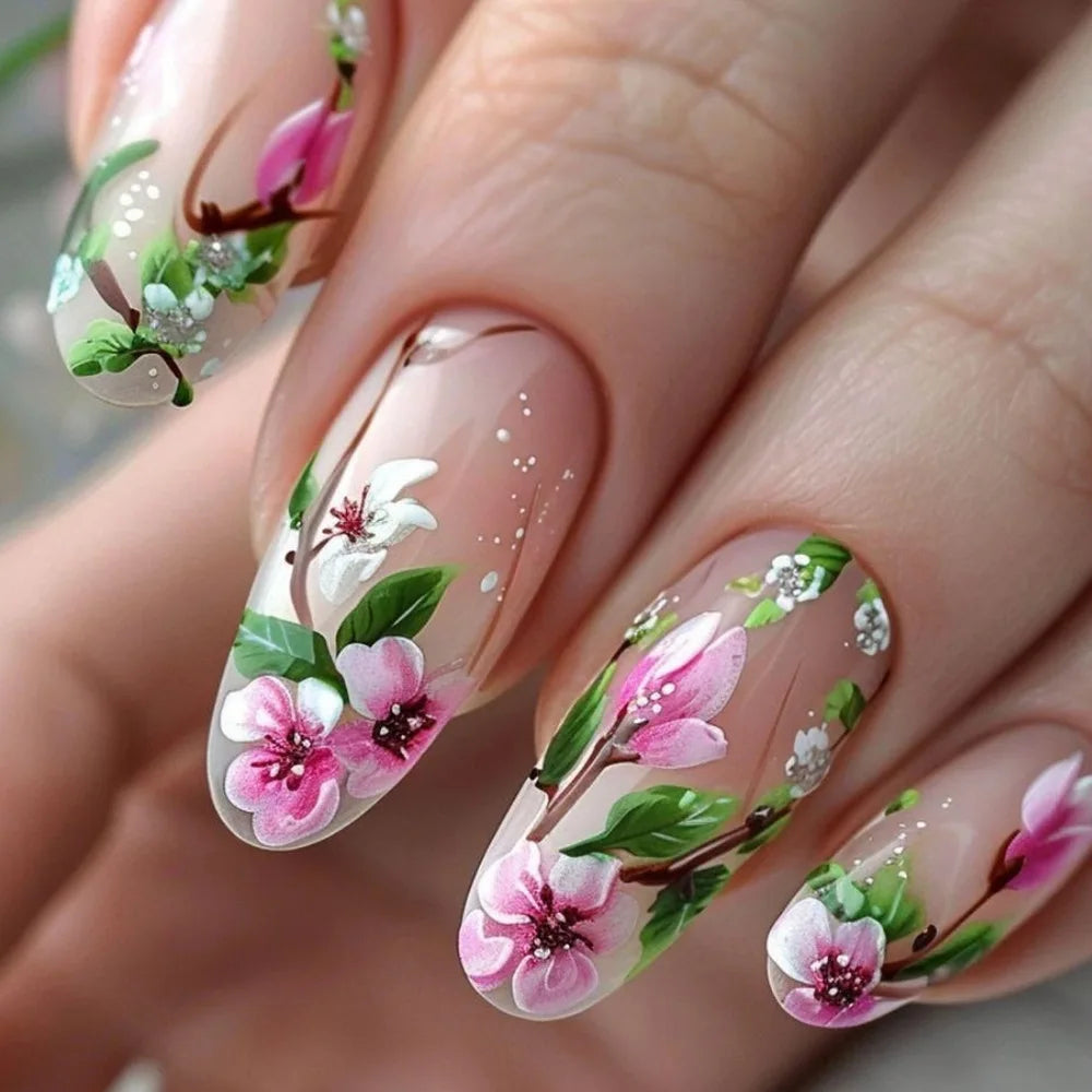 24Pcs Short Almond Press on Nails - Full Cover False Nails with Garden Flower Design, Colorful Wearable Manicure for Women & Girls | Perfect for Parties, Weddings, Daily Wear & Nail Art Enthusiasts