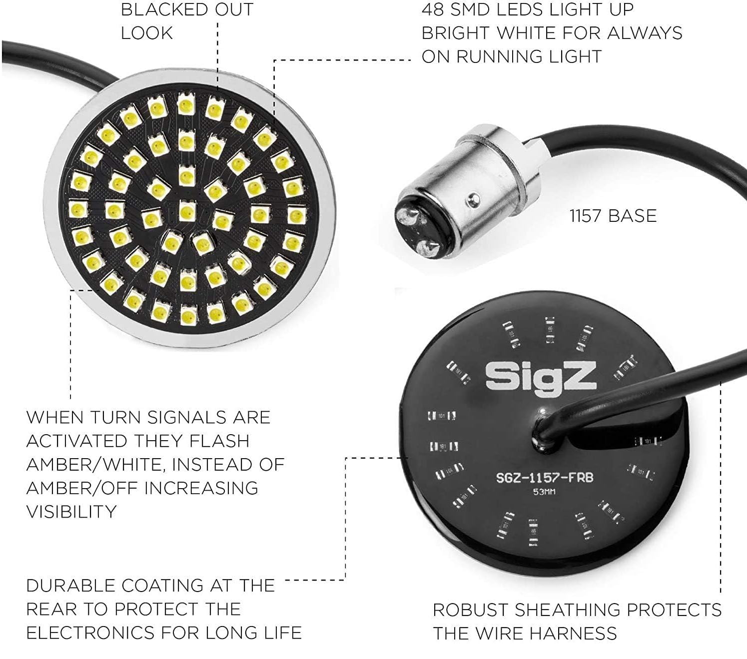 Rogue Rider Industries Sigz Black Label Front LED Turn Signals with White Running Lights (1157) - Compatible with Harley Davidson Sportster, Street Glide, Road King, Softail, Electra, Heritage, Dyna - Enhanced Visibility for Night Riding & Safety