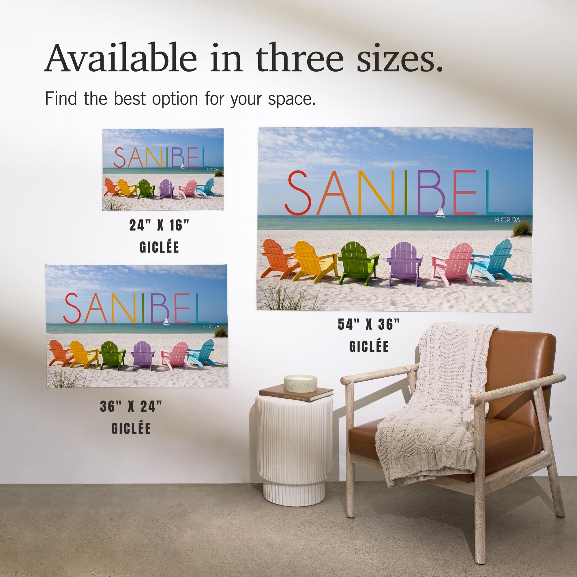 Lantern Press 36x54 Inch Giclee Art Print - Sanibel Florida Beach Chairs Wall Decor - Vibrant Coastal Artwork for Living Room, Bedroom & Office Decor