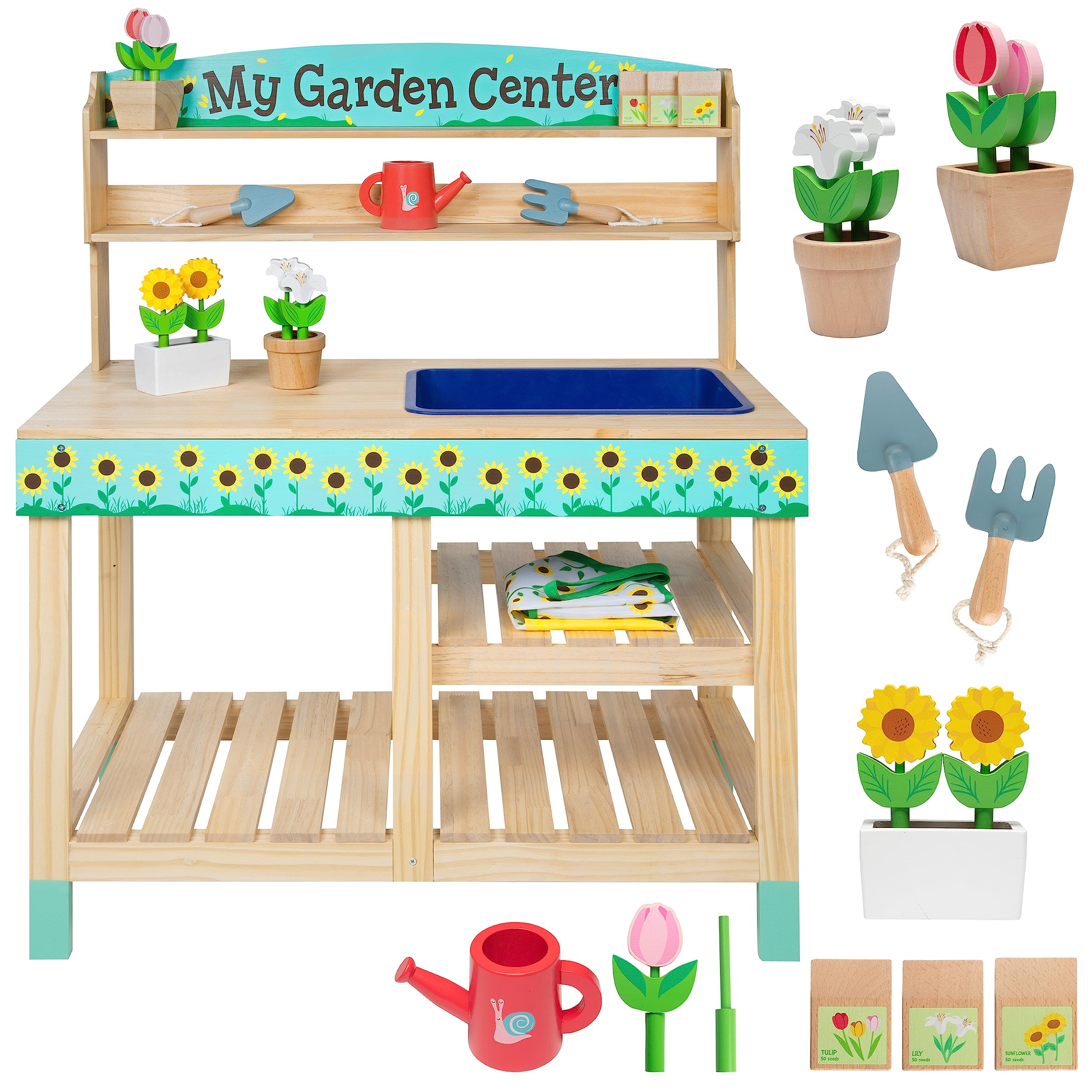 Svan Wooden Toy Gardening Center - 22 Piece Pretend Play Garden Set with Flowers, Seed Packets, Pots, Shovel, Rake, Apron & Watering Can - Interactive Educational Toy for Kids - Perfect for Indoor Play, Birthday Gifts for Boys & Girls - Encourages Imaginative Play & Learning About Nature