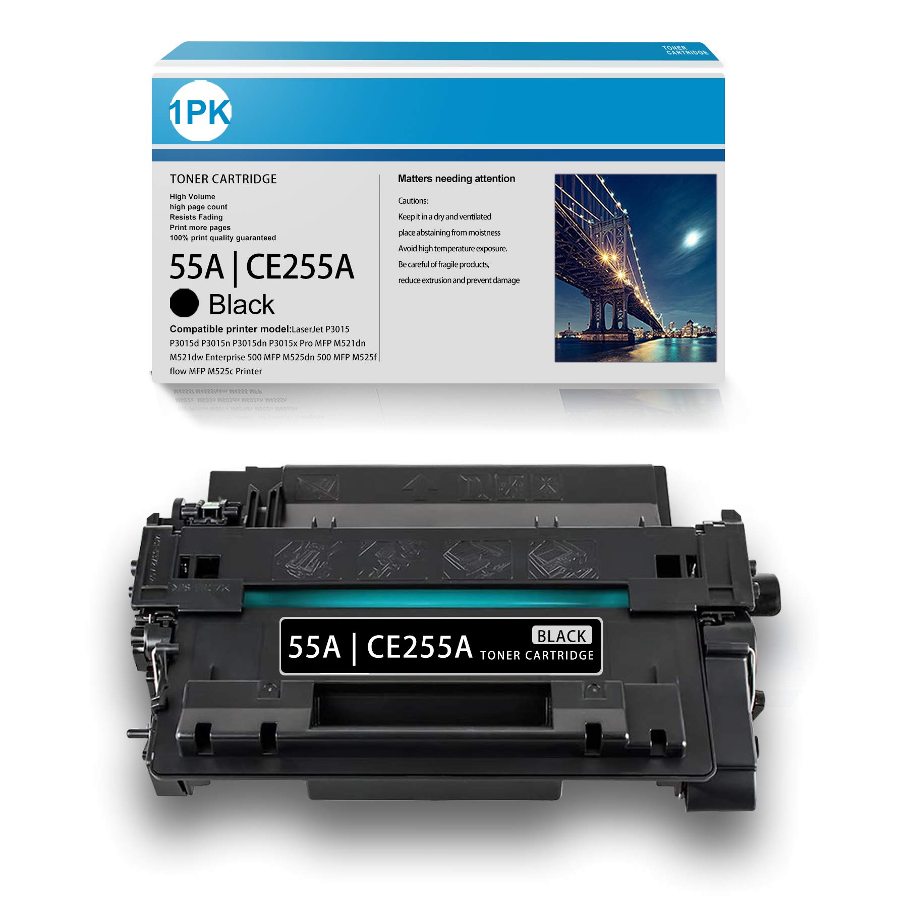1 Pack Black Toner Cartridge 55A | CE255A Replacement for HP P3015 P3015d P3015n P3015dn P3015x Pro MFP M521dn M521dw Enterprise 500 MFP M525dn M525f Flow MFP M525c Printer | High-Quality Printing for Office Documents & Business Reports