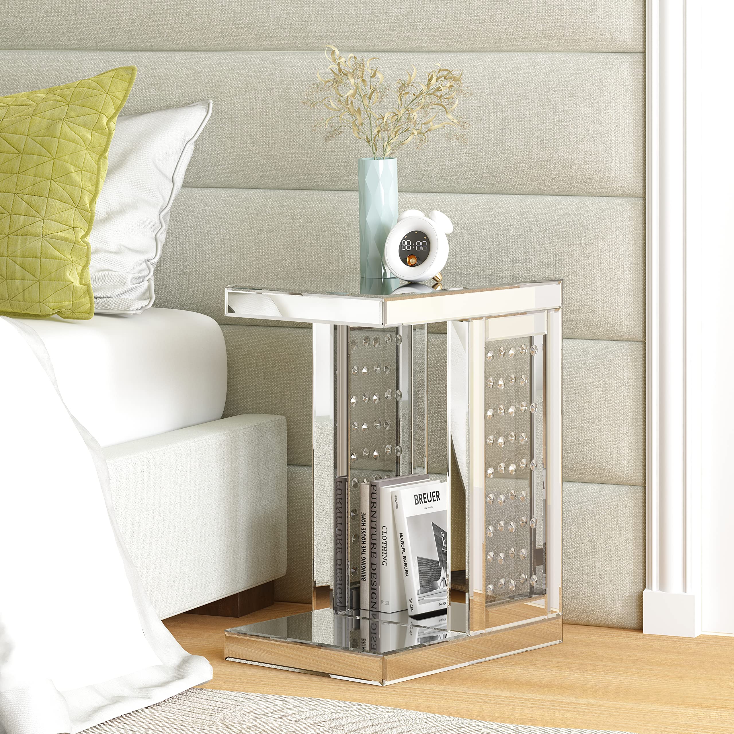Mirrored C-Shaped End Table with Crystals - Accent Side Table for Sofa & Couch, Small Space Living Room & Bedroom Decor - Perfect for Holding Drinks, Books & Decor Items