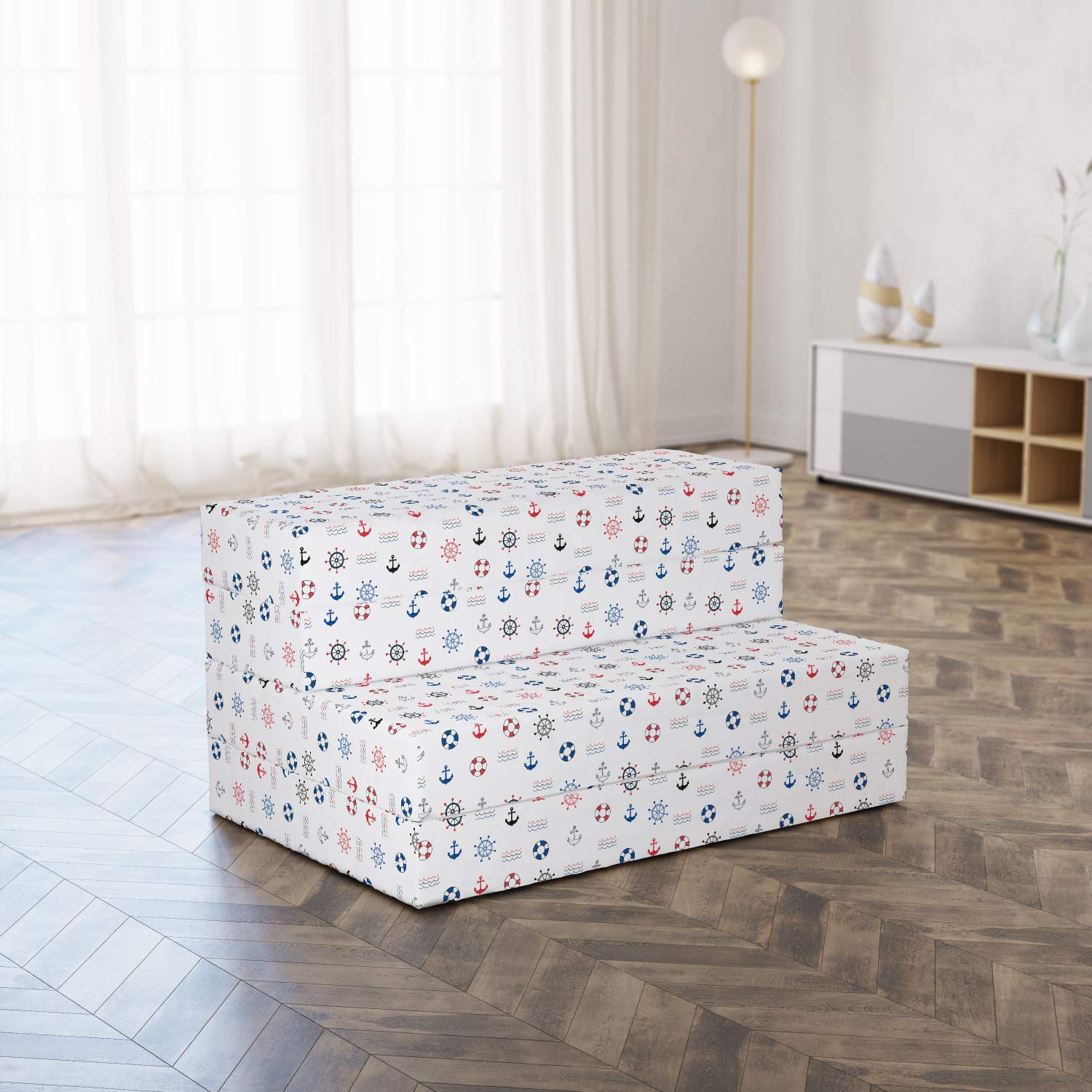Ambesonne Anchor Print Foldable Mattress - Marine Nautical Wheel Design, Waterproof Guest Bed, Boat Cabin & RV Sleeping Solution, Portable Floor Mattress for Camping, Travel & Home Use