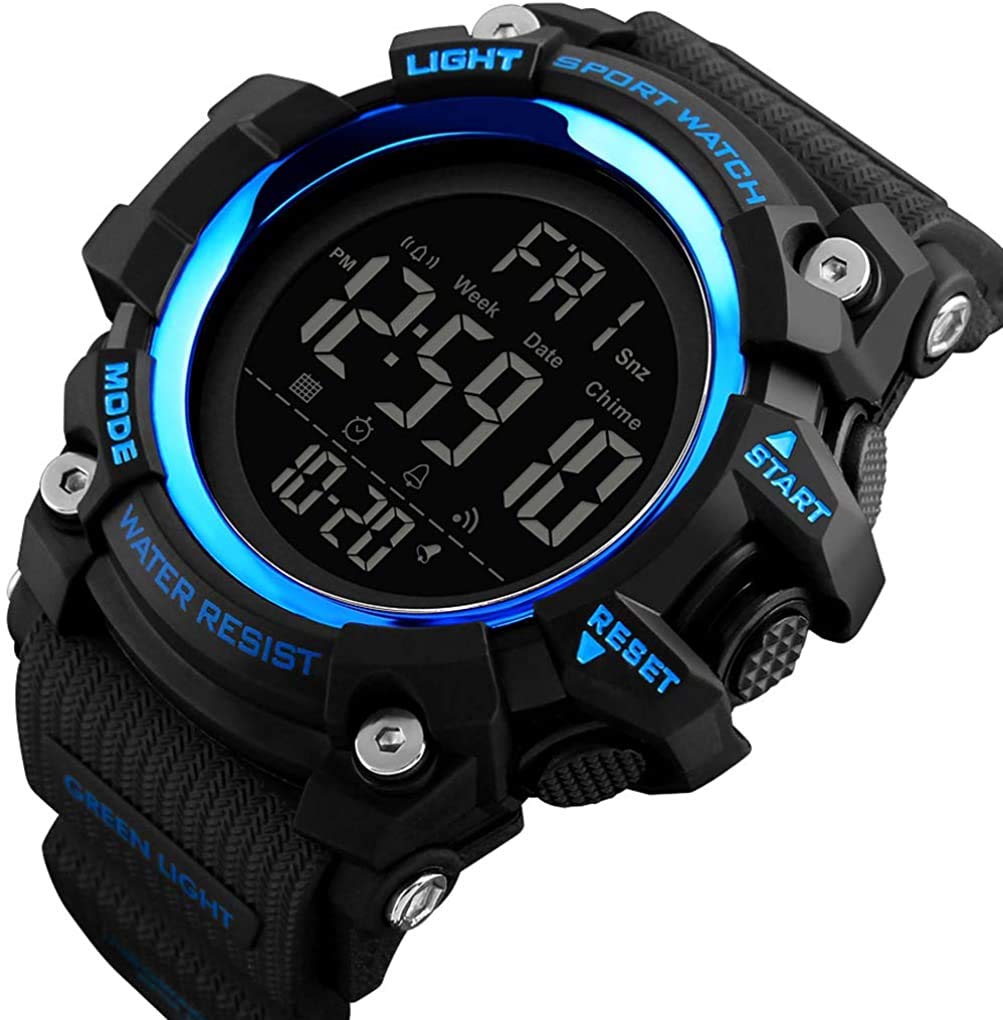 Men's Digital Watch with Big Dial & LED Backlight - Sporty Resin Strap for Outdoor Activities (Blue)