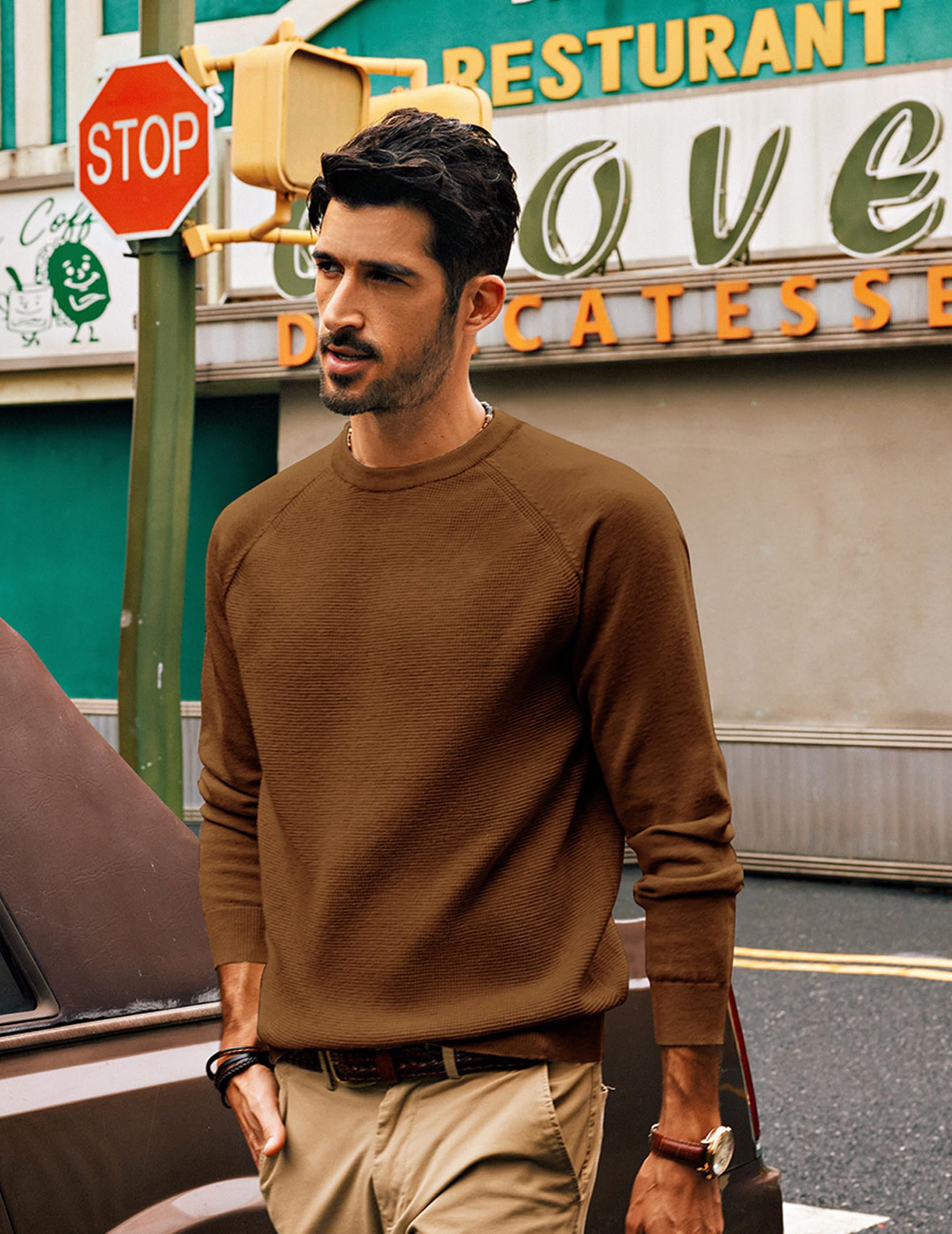 PJ PAUL JONES Men's Waffle Knit Crewneck Sweater - Soft Textured Pullover for Casual Wear & Winter Outfits | Perfect for Office, Dating & Weekend Relaxation