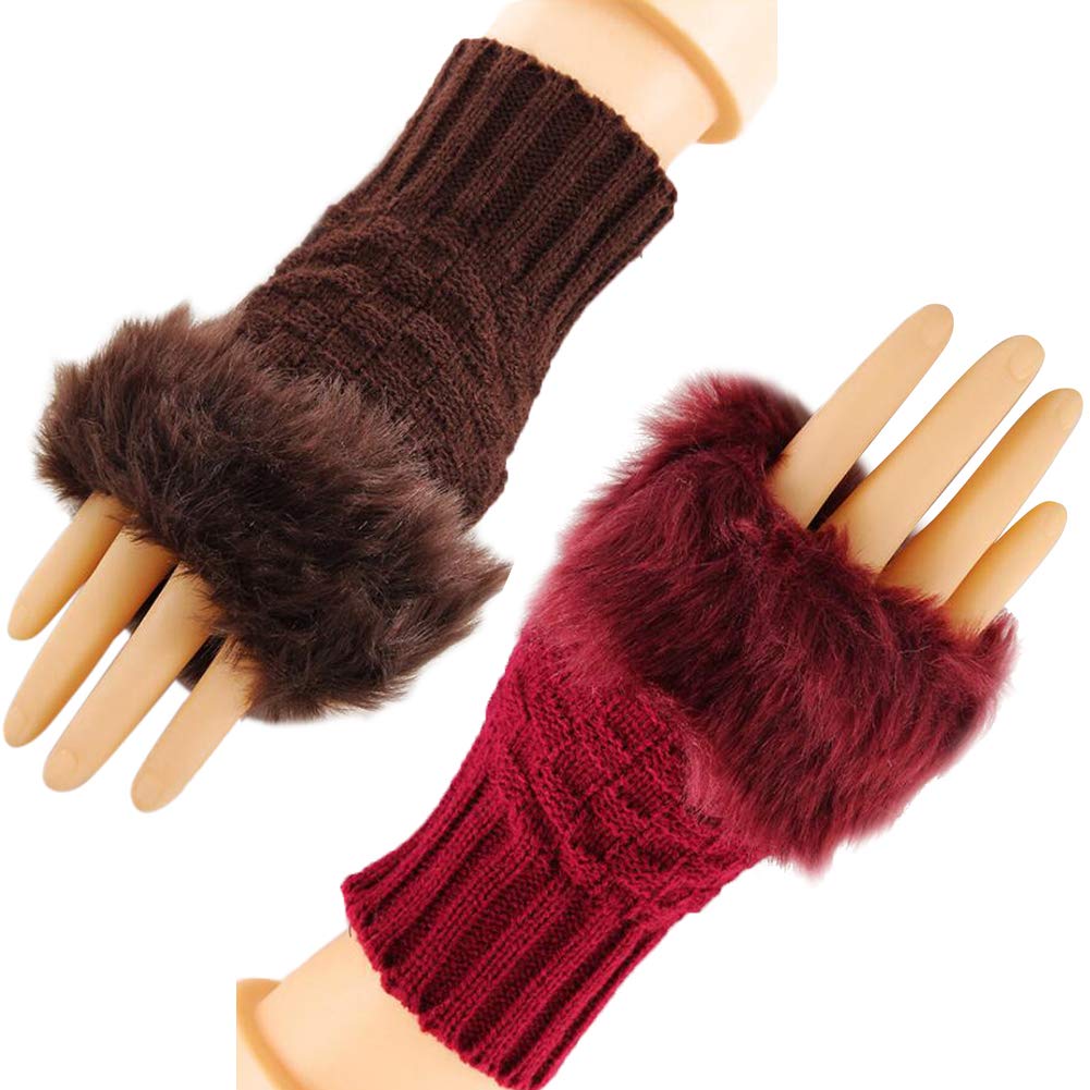 HomDSim 2 Pairs Women's Winter Gloves - Warm Faux Fur Knit Crochet Fingerless Mittens with Thumbhole & Arm Warmers | Perfect for Cold Weather, Outdoor Activities, and Fashion Accessories